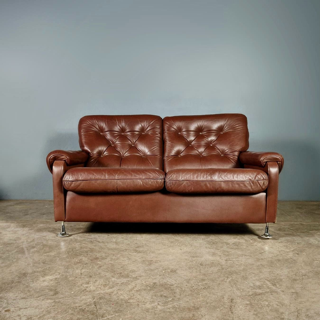 SOLD Brown Leather Buttoned Danish/Norwegian Two Seater Sofa Mid Century Vintage Retro MCM