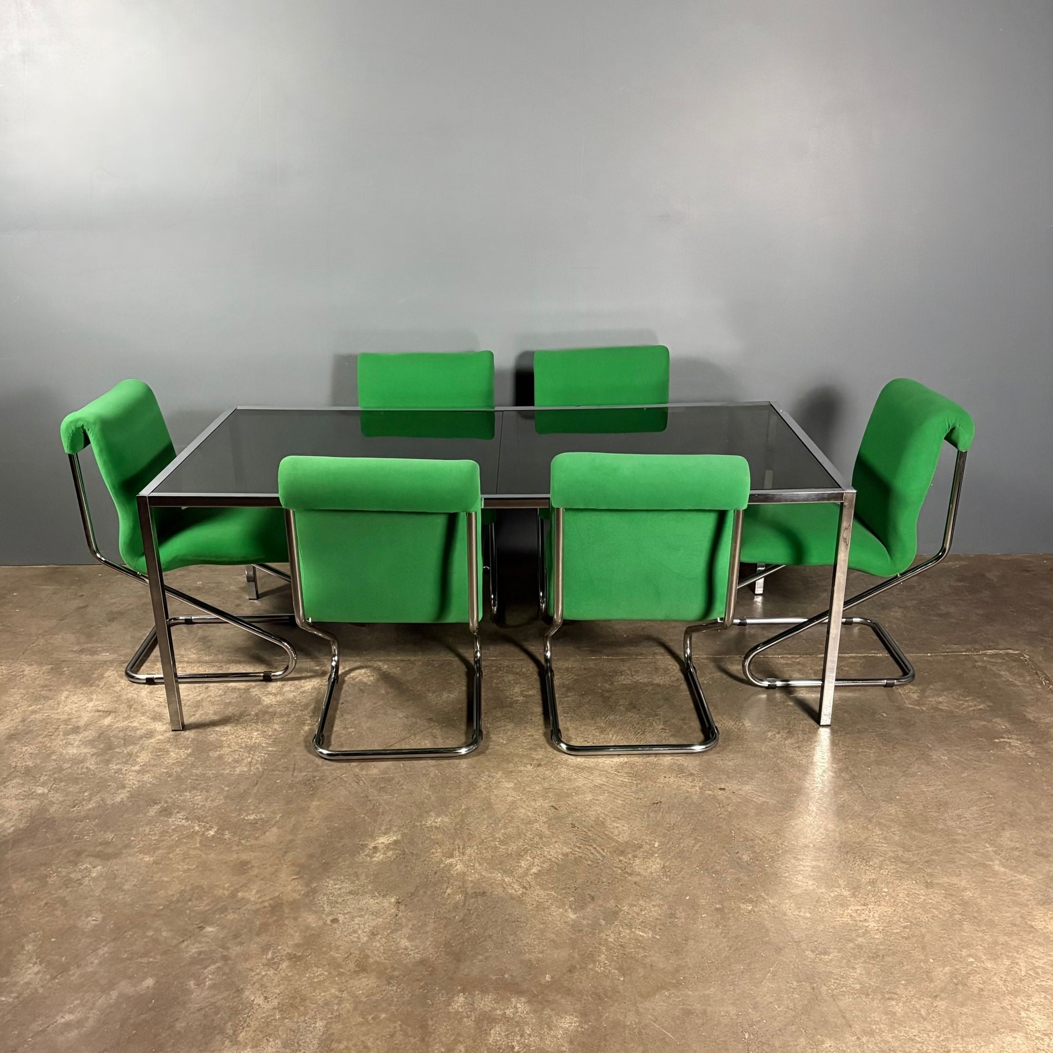 Six Green Italian Pace Chrome Dining Chairs & Glass Dining Table Mid Century Vintage Retro MCM