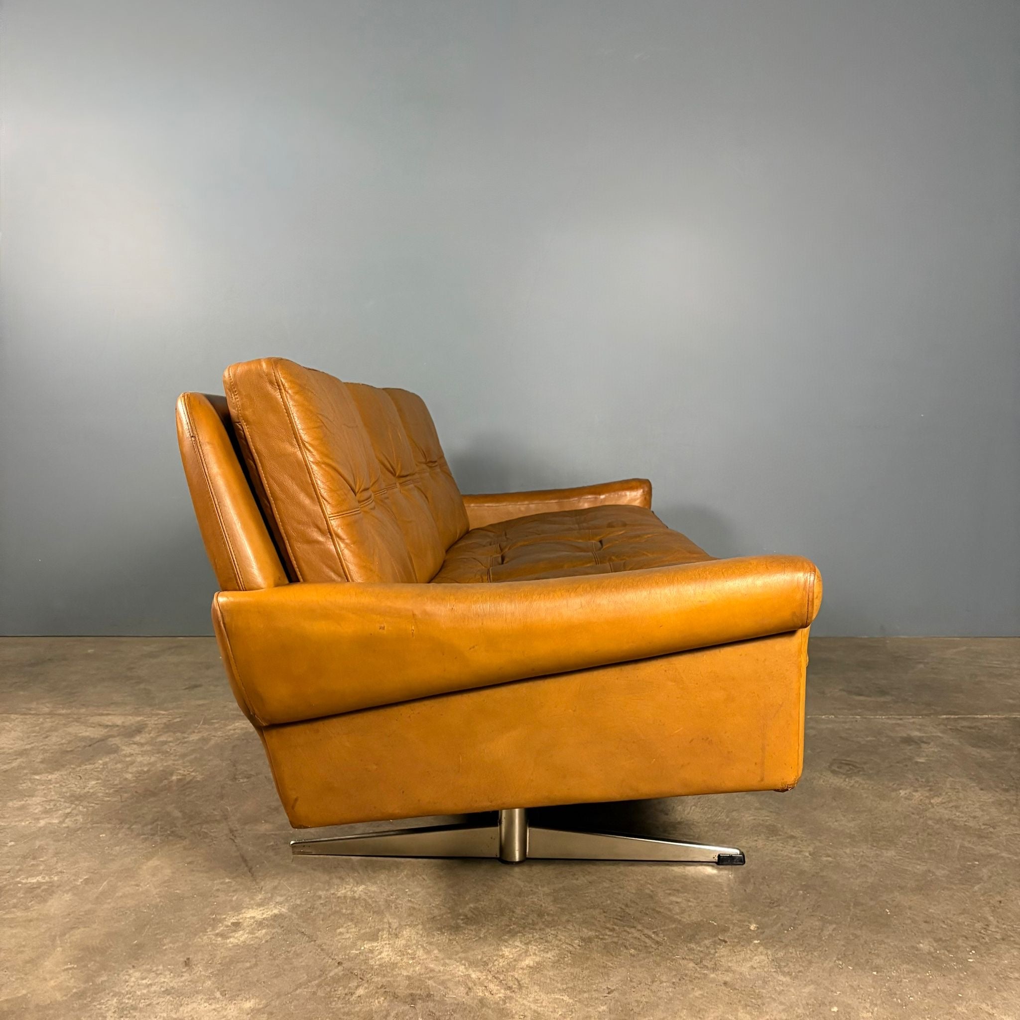 SOLD Mid Century Danish Svend Skipper Three Seater Sofa Cognac Leather Vintage Retro MCM
