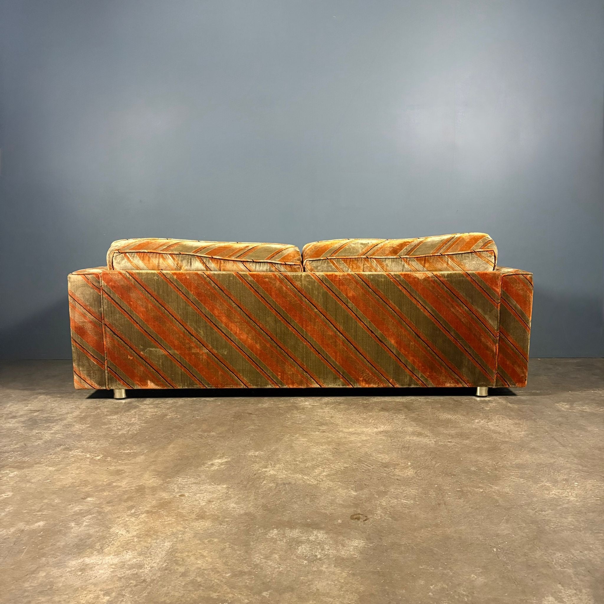 Mid Century Everest Orange Striped Geometric Lounge Suite - Three Seater Sofa, Armchairs & Coffee Tables Vintage Retro MCM