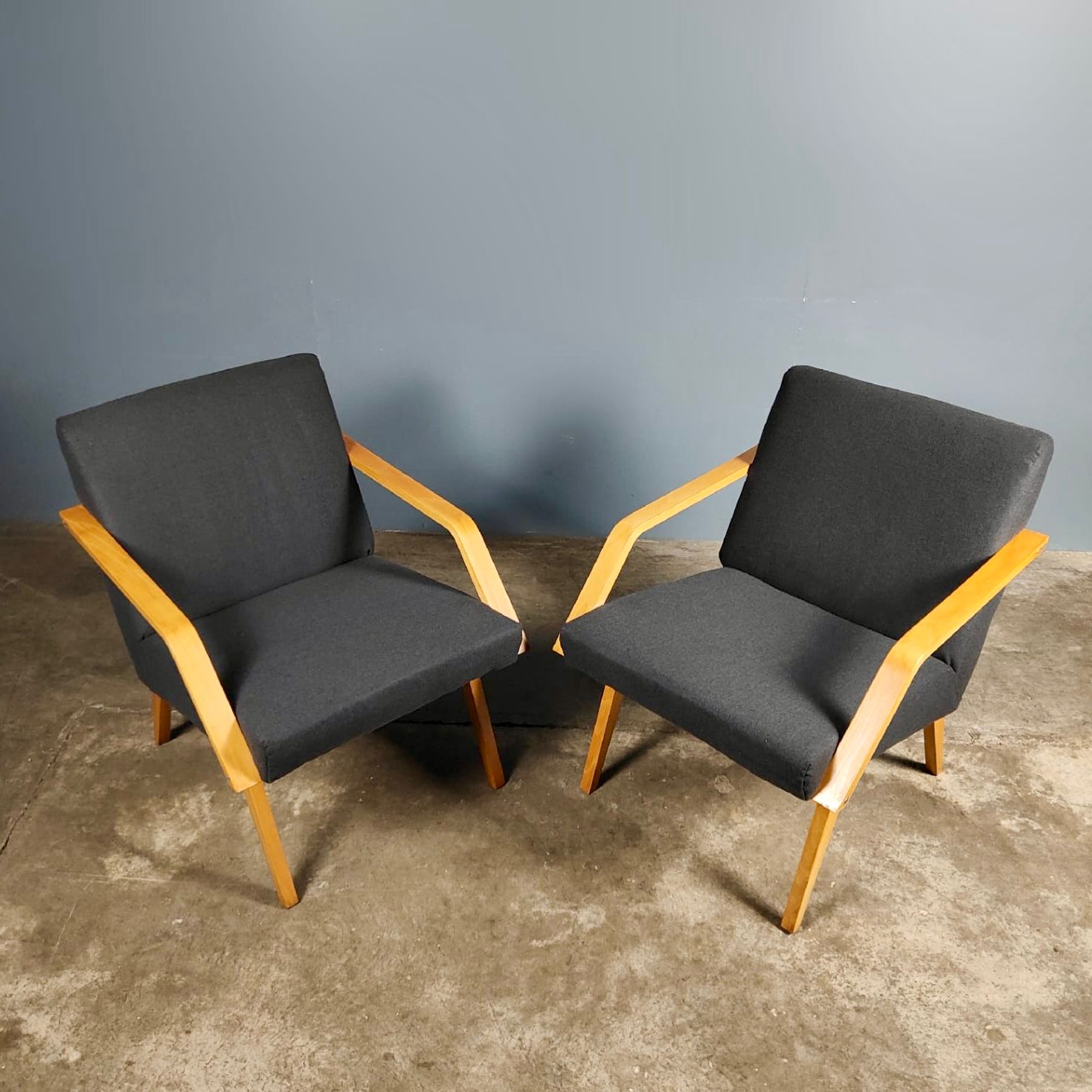 Vintage Czechoslovakia Armchair In Charcoal Grey Wool Mid Century Retro MCM