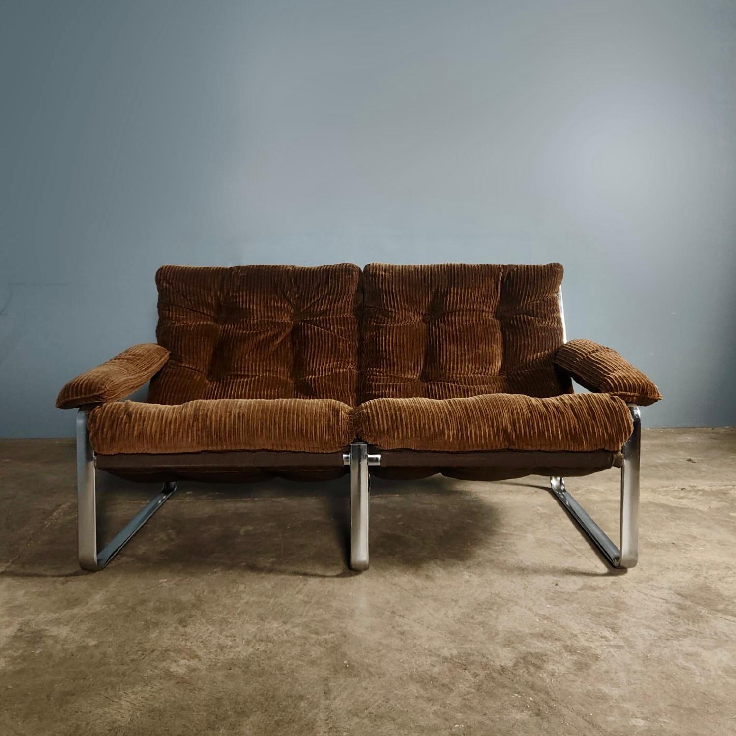 SOLD Mid Century Two Seater Brown Corduroy Sling Sofa By Gillis Lundgren For Ikea Vintage Retro MCM