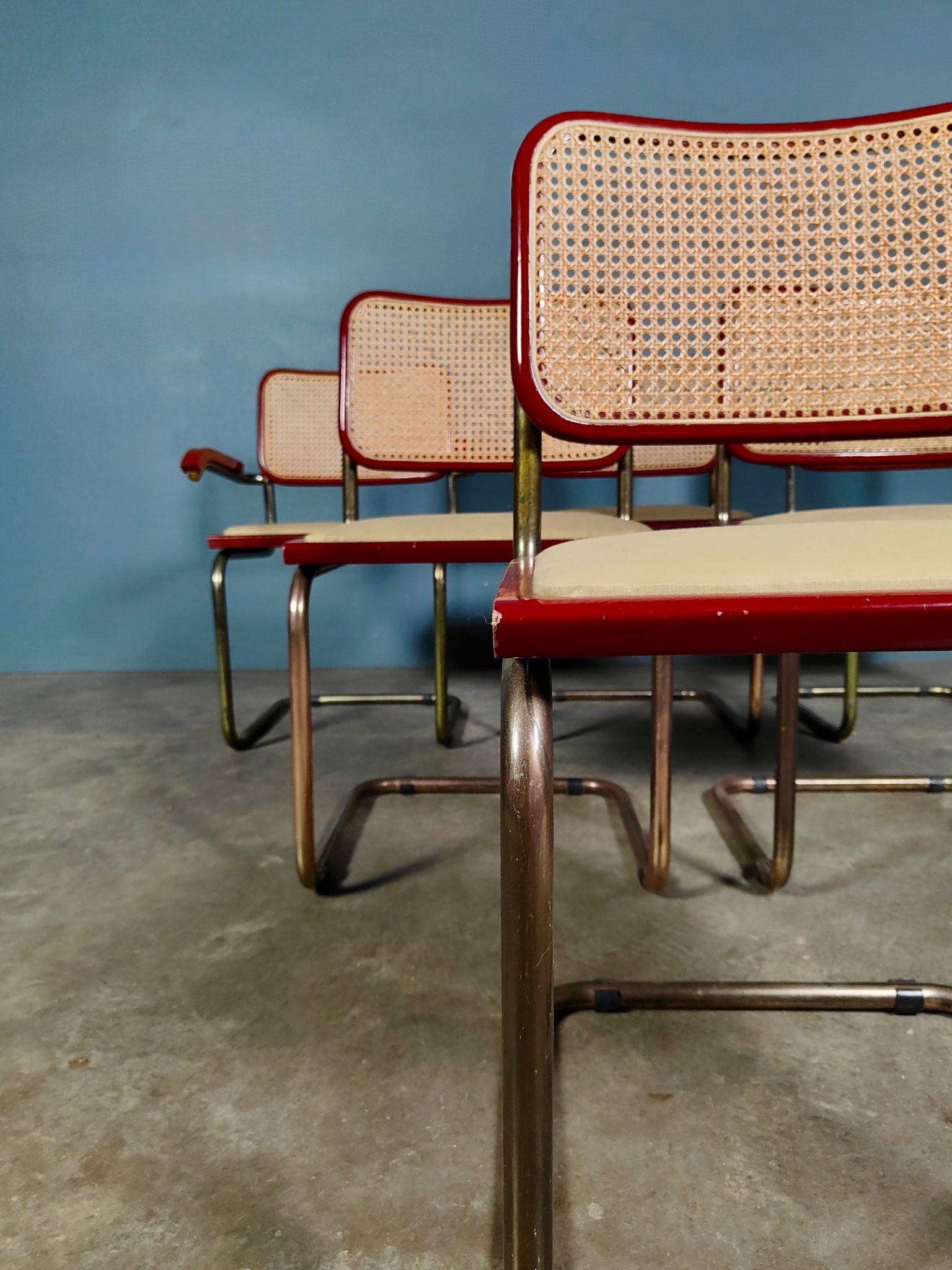 SOLD Six Red Marcel Breuer Cesca Dining Chairs & Matching Table Mid Century Vintage Retro MCM