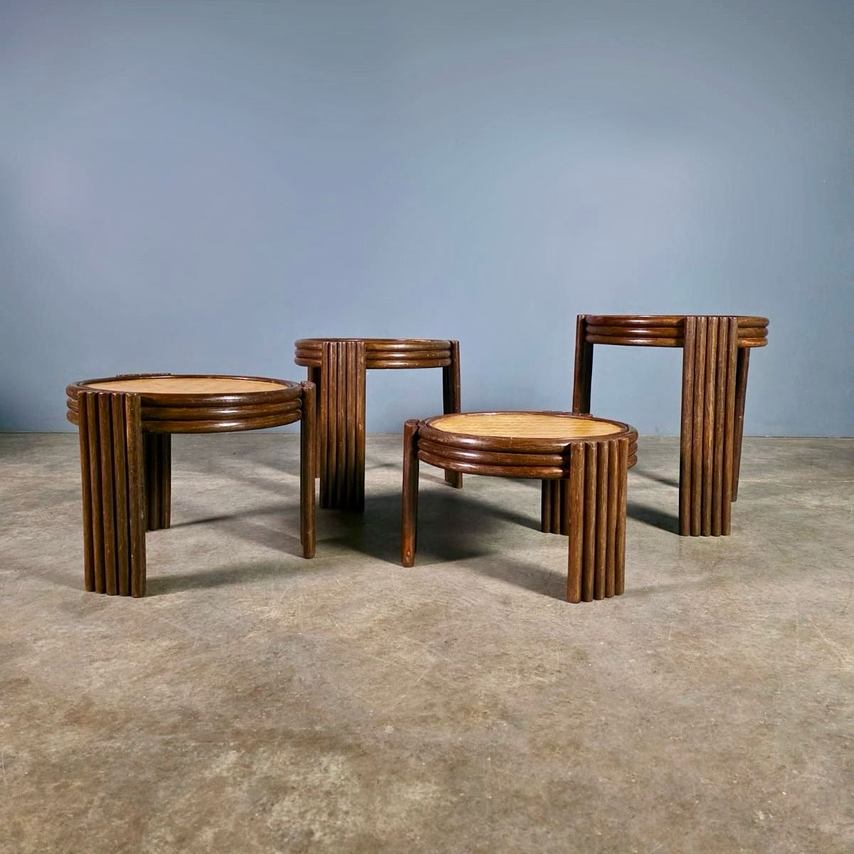 SOLD Set Of Graduating Bamboo Cane Rattan Stacking Tables Mid Century Vintage Retro MCM