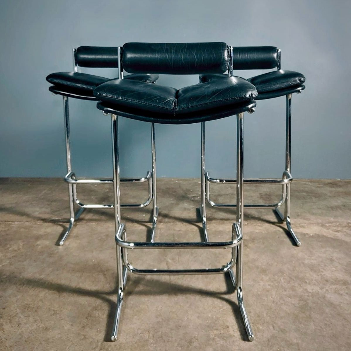 SOLD Mid Century Tim Bates For Pieff Eleganza Bar Stools In Black Leather Vintage Retro MCM