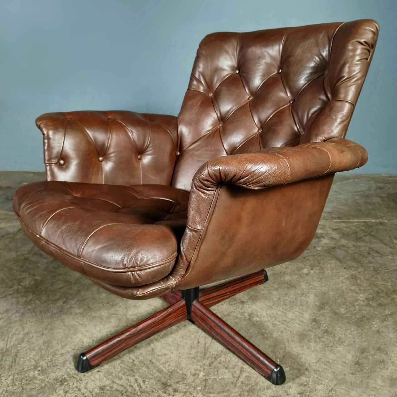 SOLD Göte Möbler Brown Leather Swivel Armchair Swedish 1970s Mid Century Vintage Retro MCM