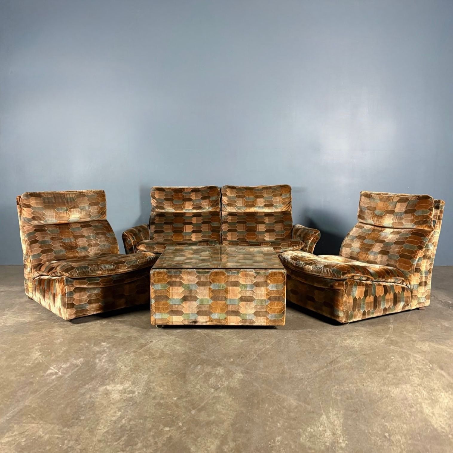 Mid Century Everest Modular Lounge Suite Brown Blue Hexagonal Geometric Vintage Retro MCM