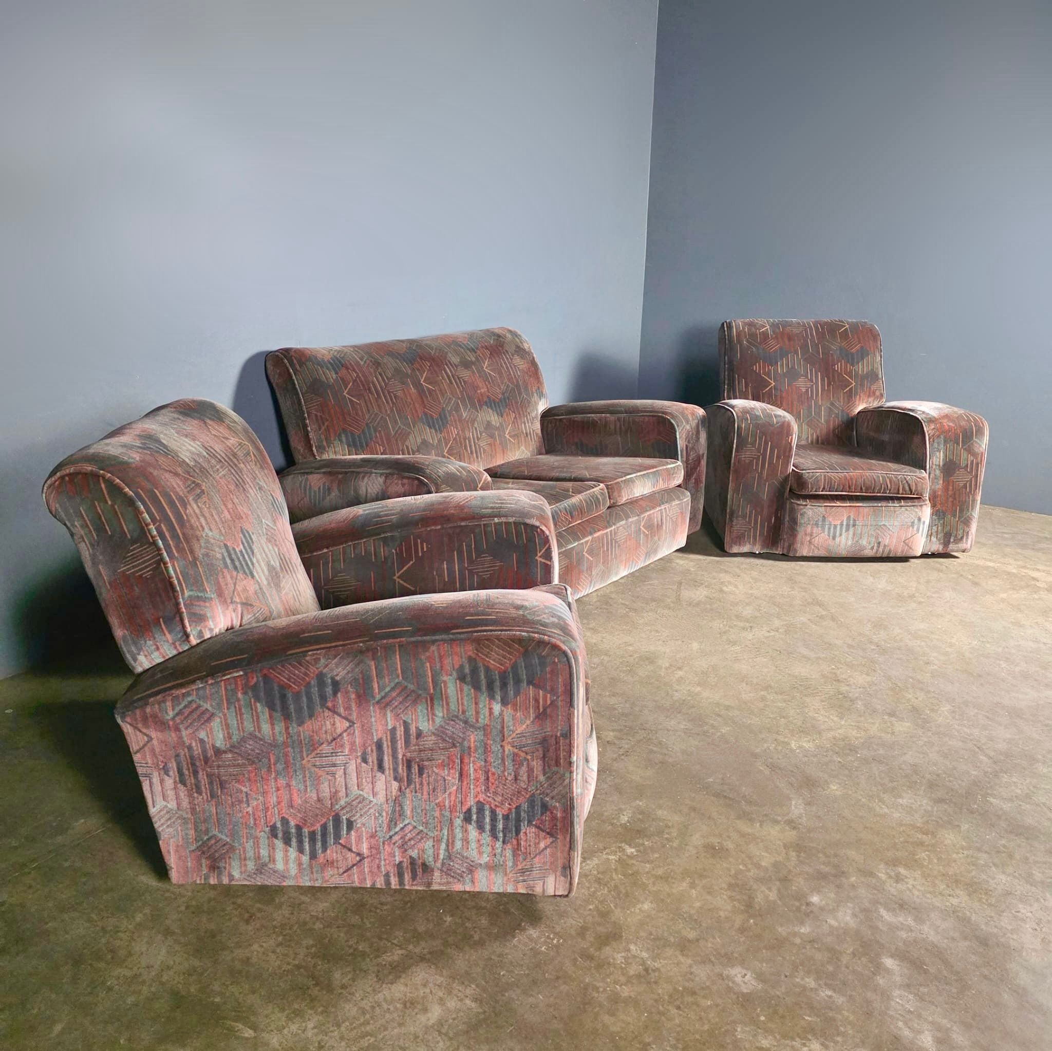 SOLD Art Deco Geometric Patterned Two Seater Sofa Mid Century Vintage Retro MCM