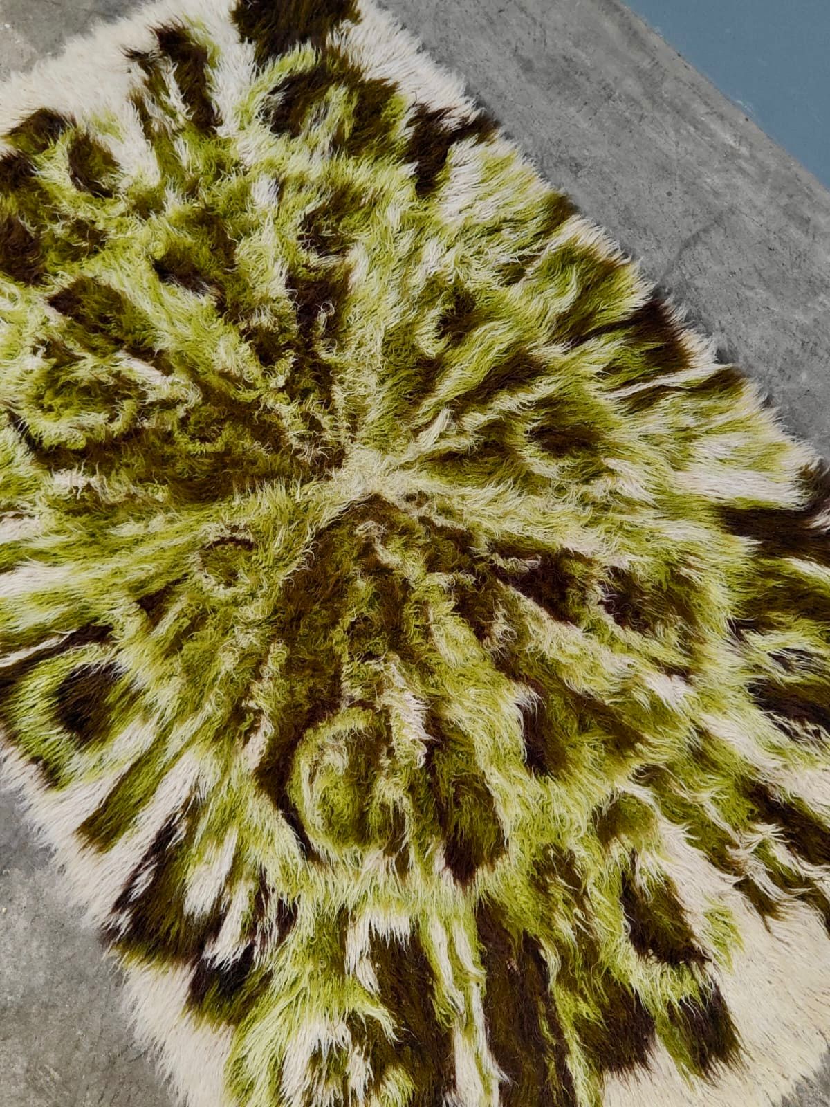 SOLD Mid Century Retro Large Green White Cream Brown Rug Vintage Wool MCM