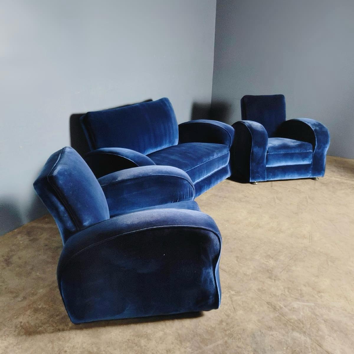 SOLD Blue Velvet Art Deco Two Seater Sofa Mid Century Vintage Retro MCM