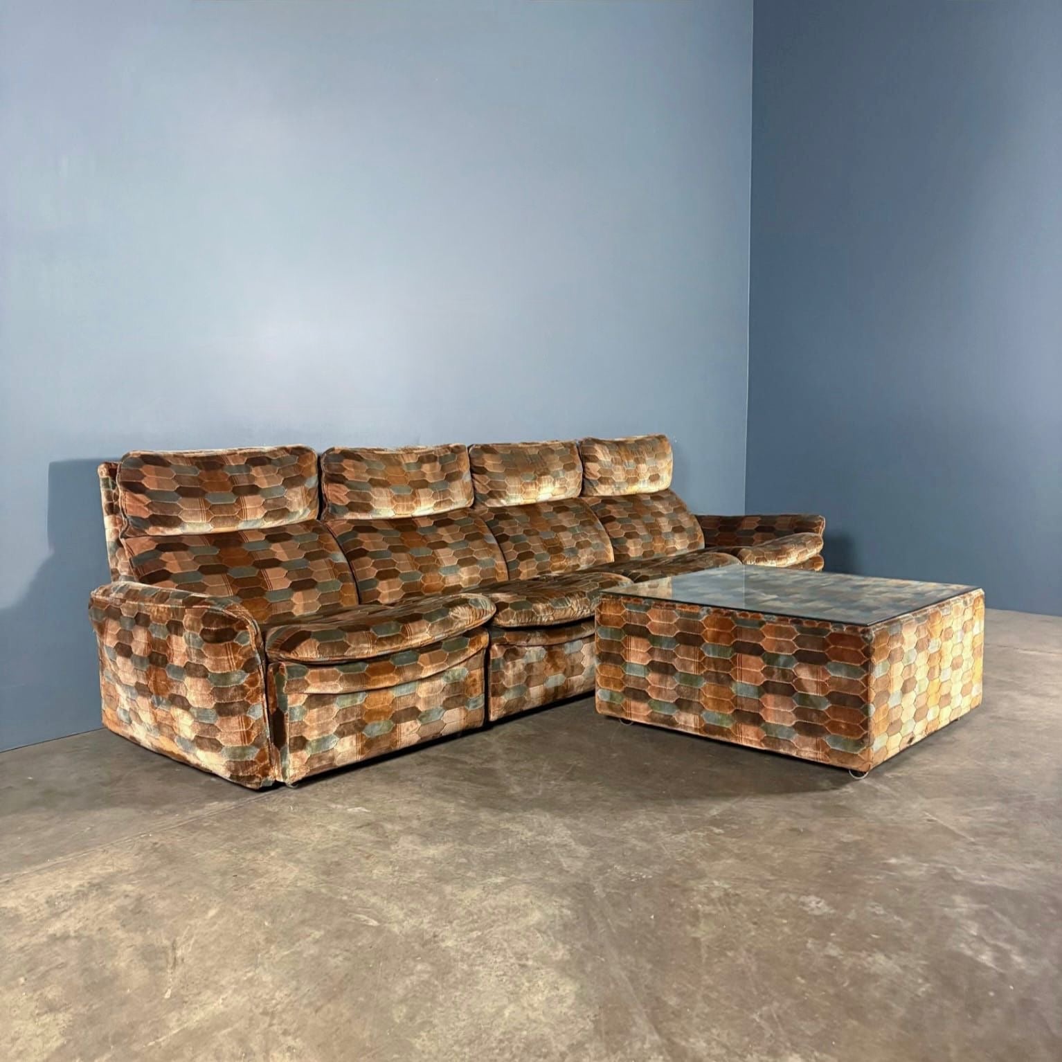 Mid Century Everest Modular Lounge Suite Brown Blue Hexagonal Geometric Vintage Retro MCM