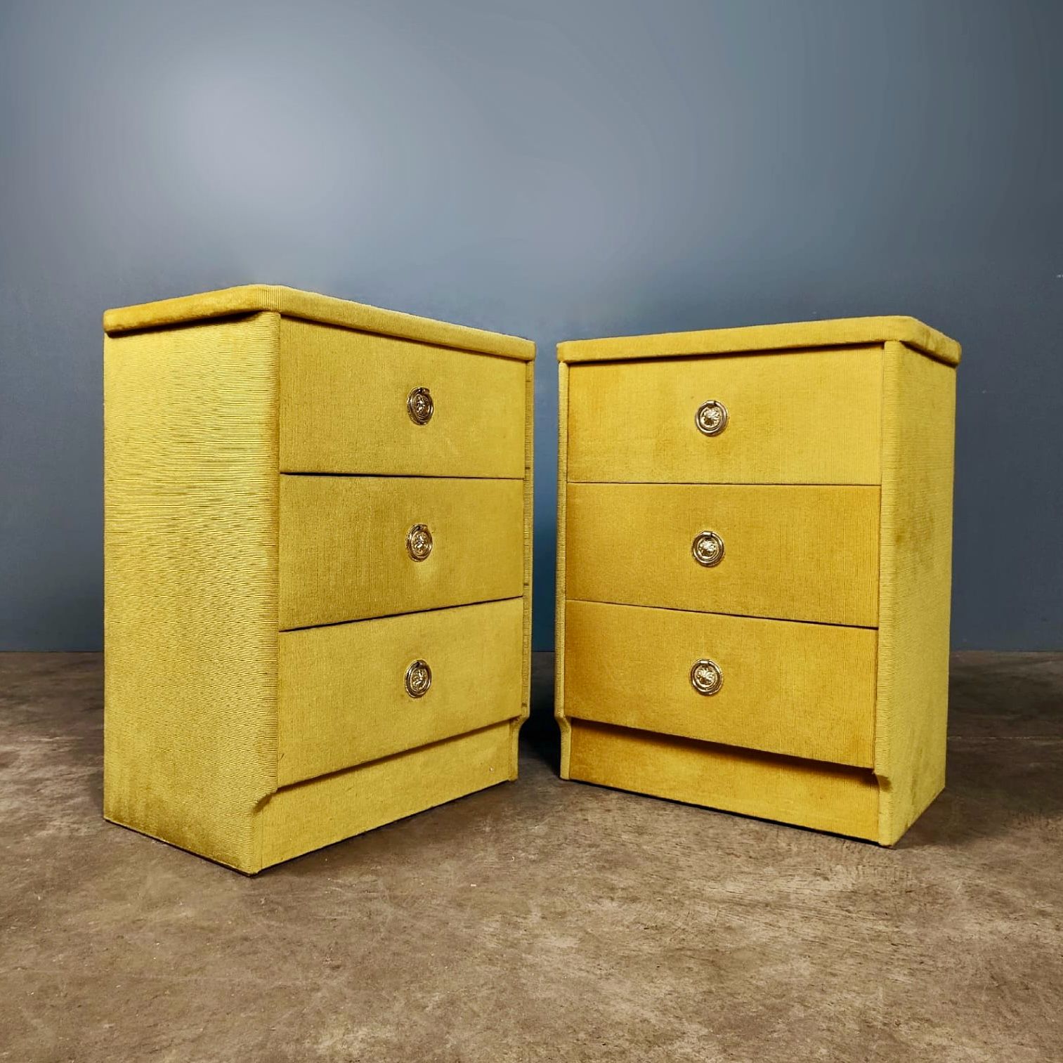 SOLD Mid Century Vintage Yellow Velvet Bedside Tables With Glass Tops Retro MCM