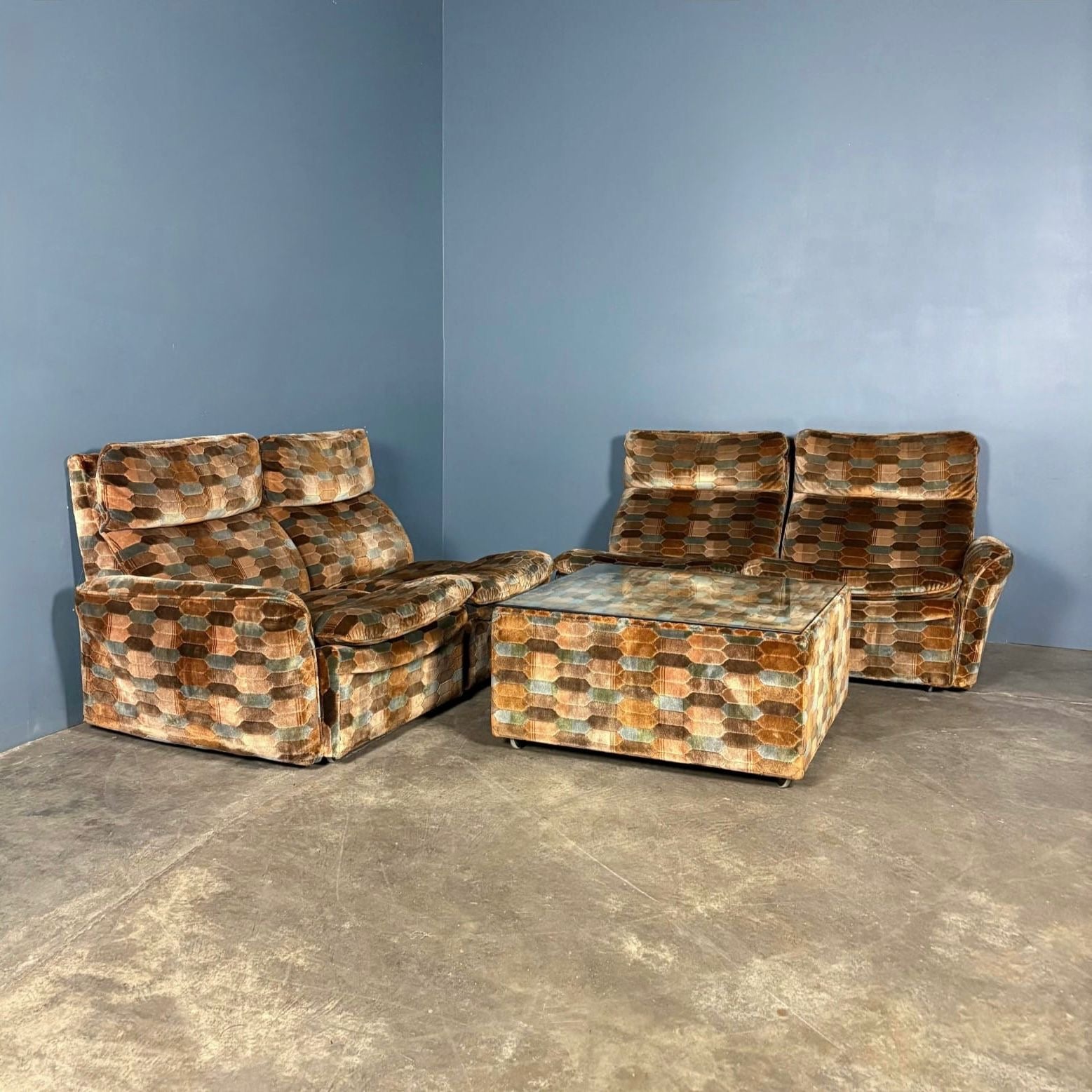 Mid Century Everest Modular Lounge Suite Brown Blue Hexagonal Geometric Vintage Retro MCM
