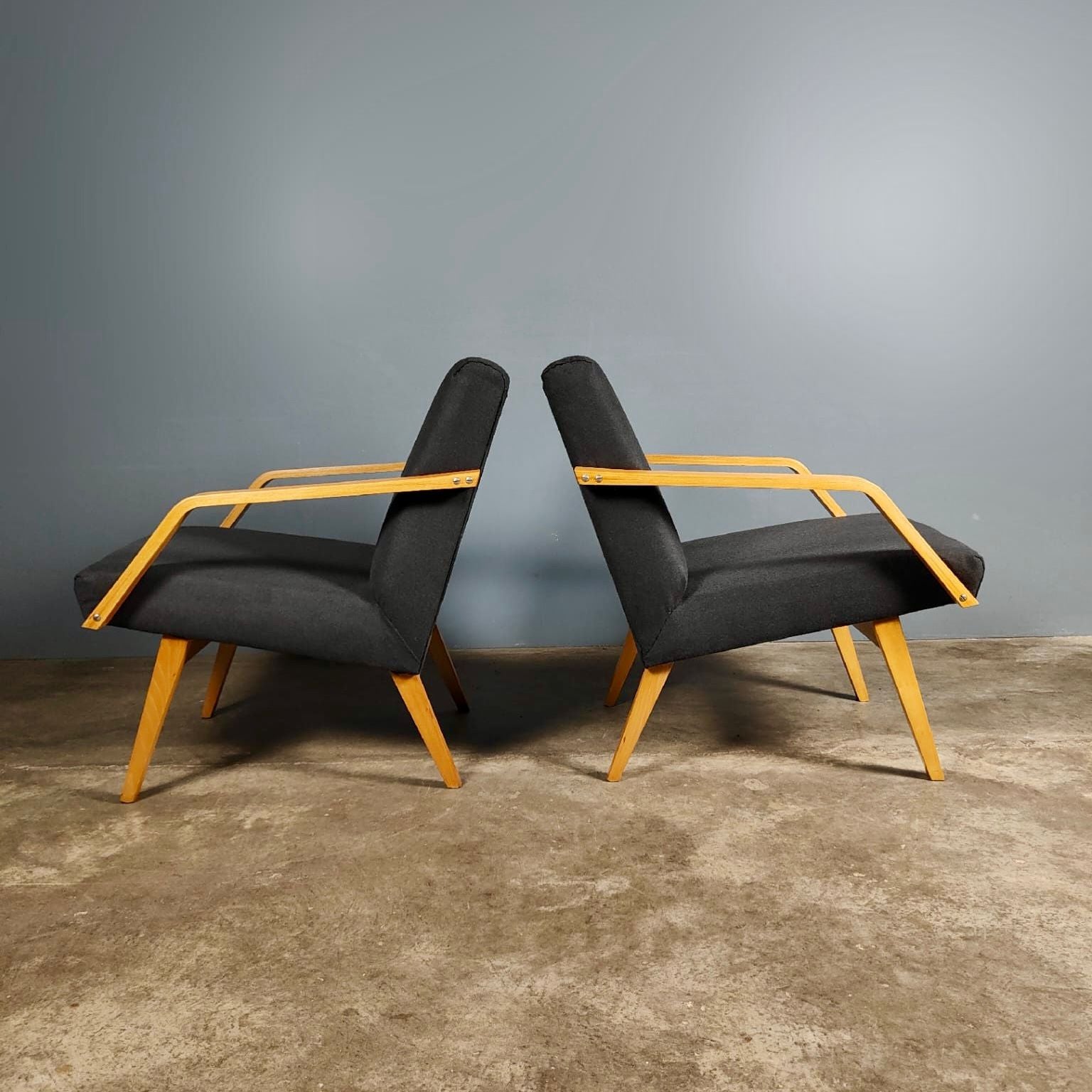 Vintage Czechoslovakia Armchair In Charcoal Grey Wool Mid Century Retro MCM