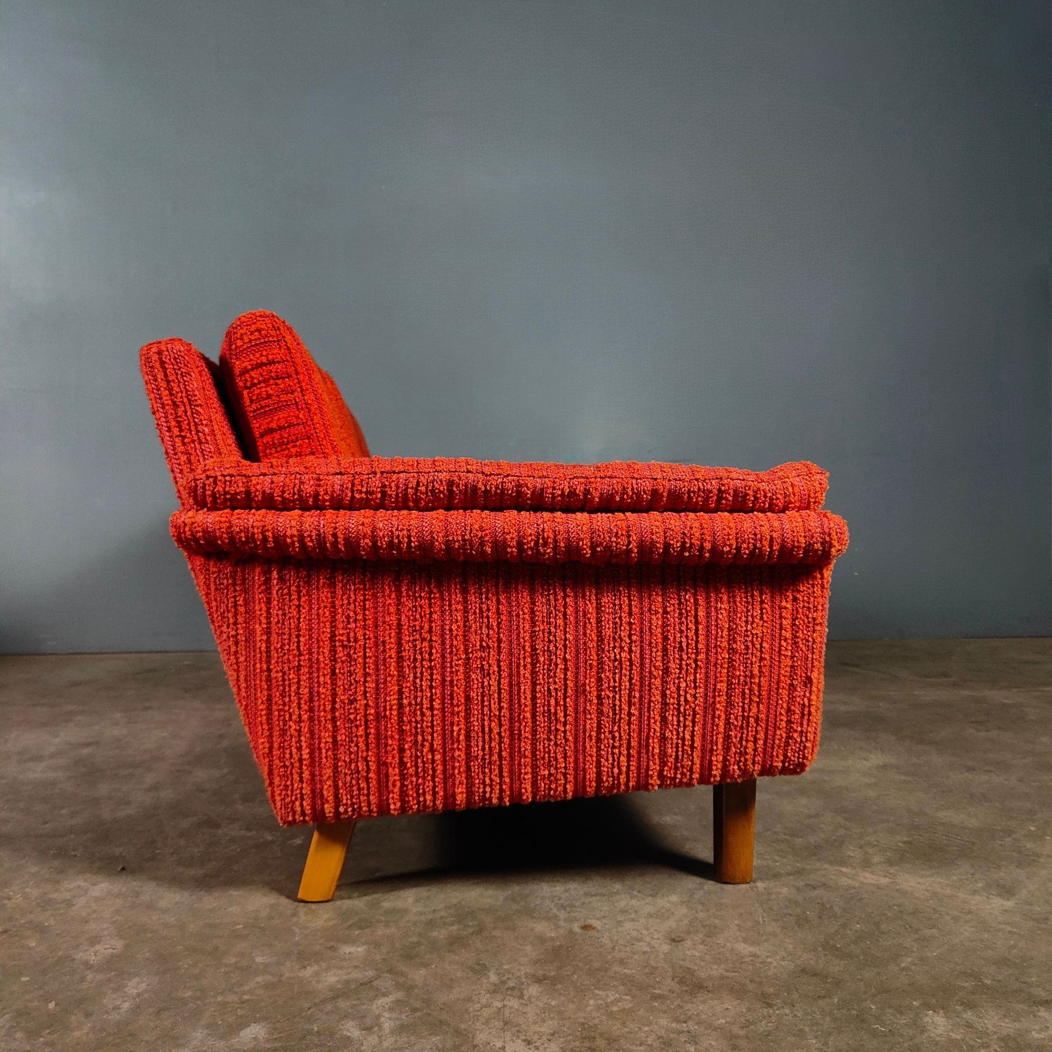 SOLD Orange Wool Swedish Three Seater Sofa Mid Century Vintage Retro MCM