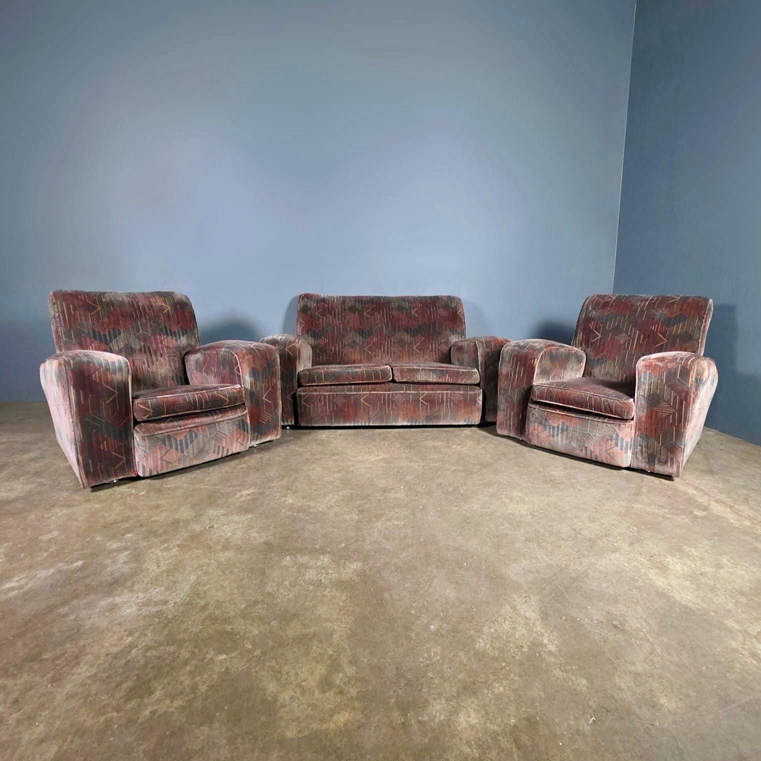 SOLD Art Deco Geometric Patterned Two Seater Sofa Mid Century Vintage Retro MCM