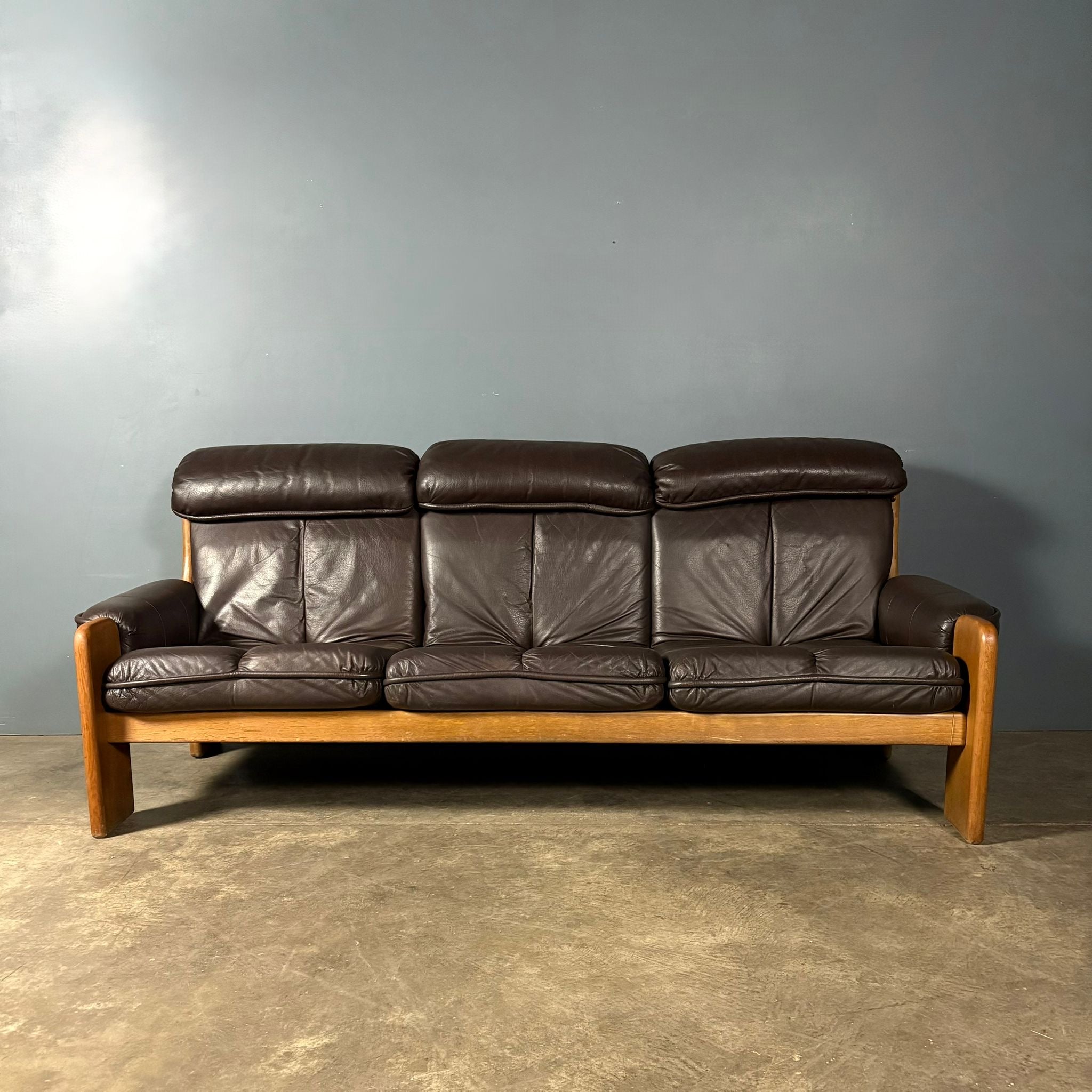 Mid Century Norwegian Brown Leather Three Seater Sofa Vintage Retro MCM