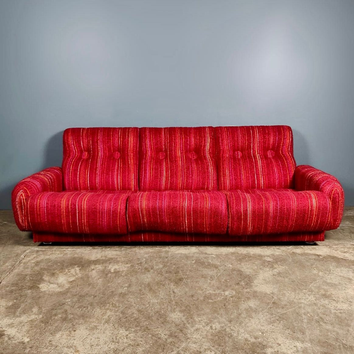 SOLD Mid Century Red Three Seater Sofa Striped Wool Fabric Vintage Retro MCM