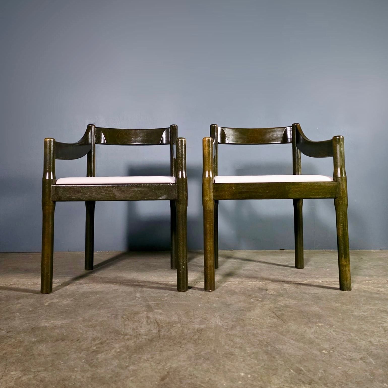 SOLD Pair Of Carimate Green Carver Dining Chairs By Vico Magistretti For Cassina Mid Century Vintage Retro MCM