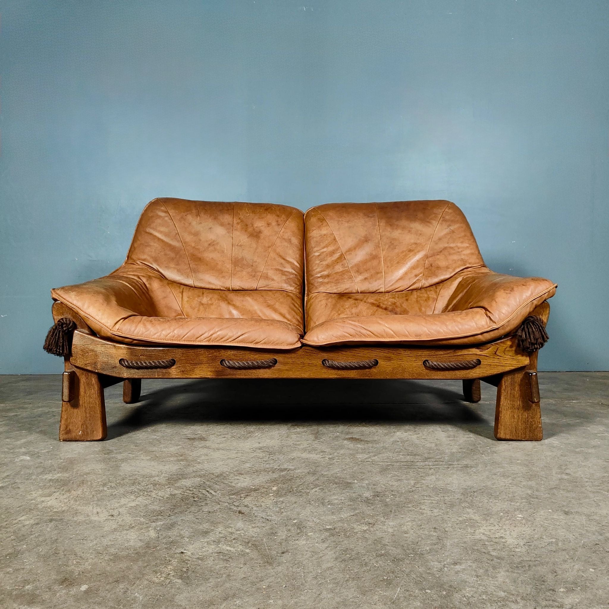 Brutalist Leather Two Seater Sofa & Matching Armchair Percival Lafer Style Mid Century Vintage Retro MCM