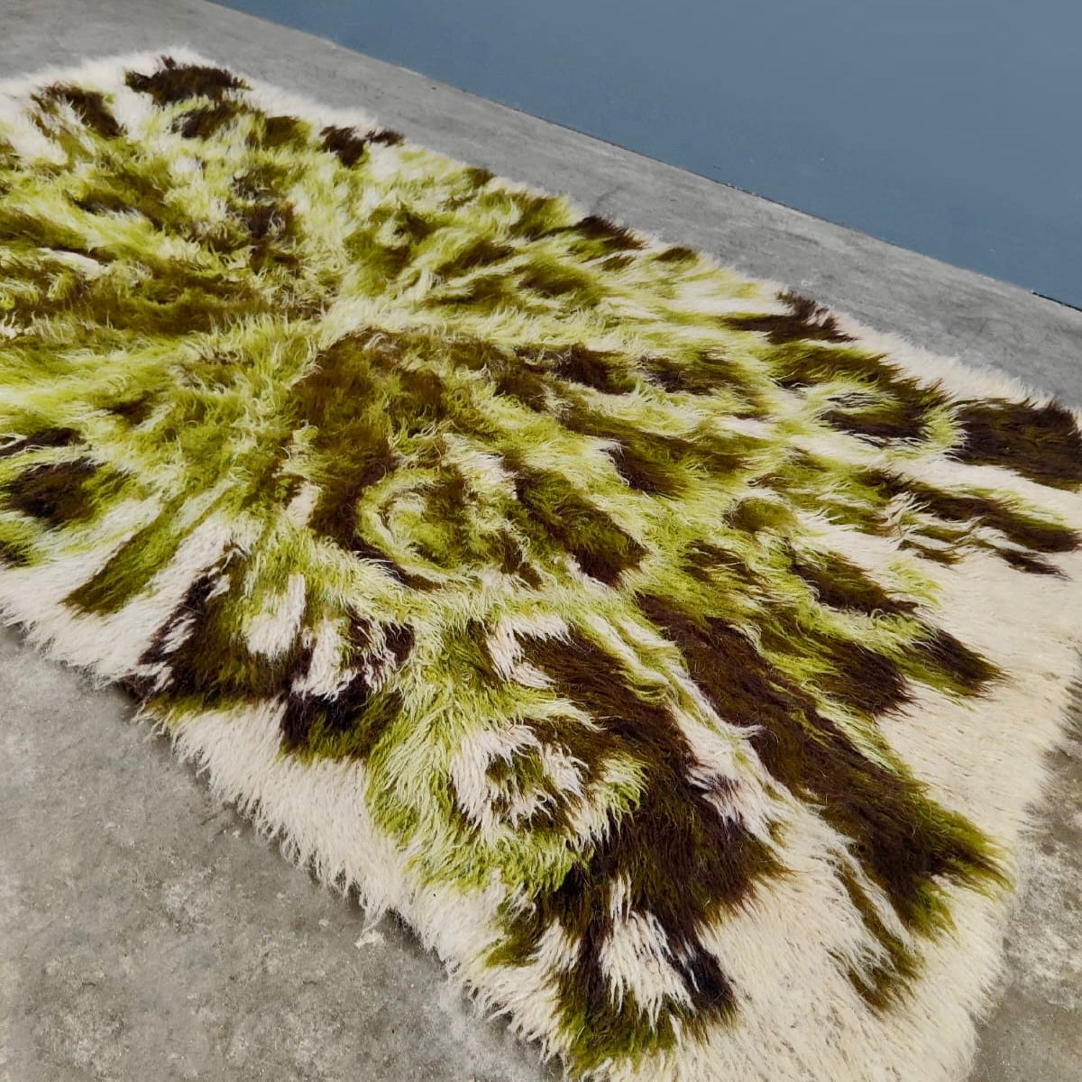 SOLD Mid Century Retro Large Green White Cream Brown Rug Vintage Wool MCM