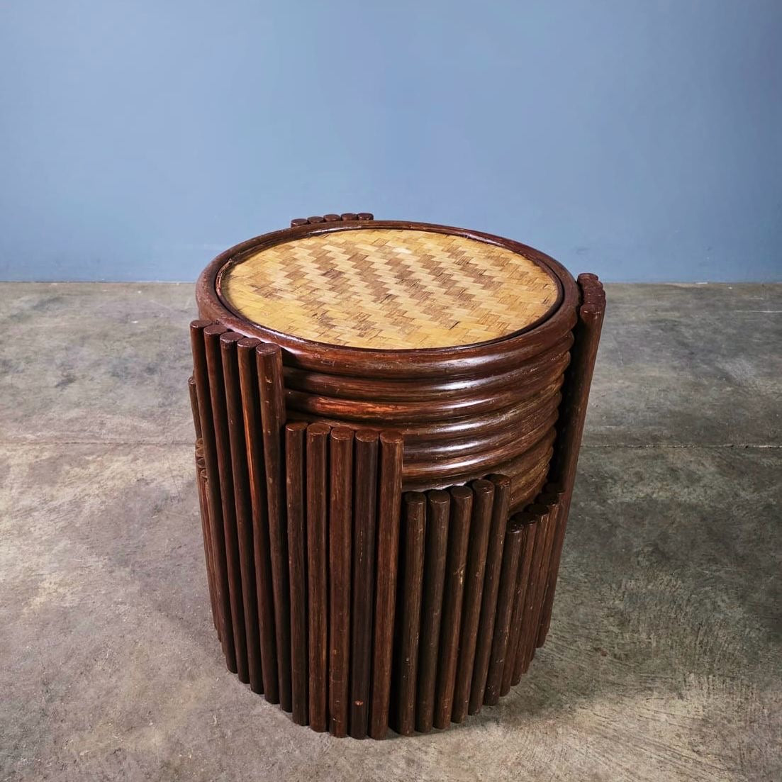 SOLD Set Of Graduating Bamboo Cane Rattan Stacking Tables Mid Century Vintage Retro MCM