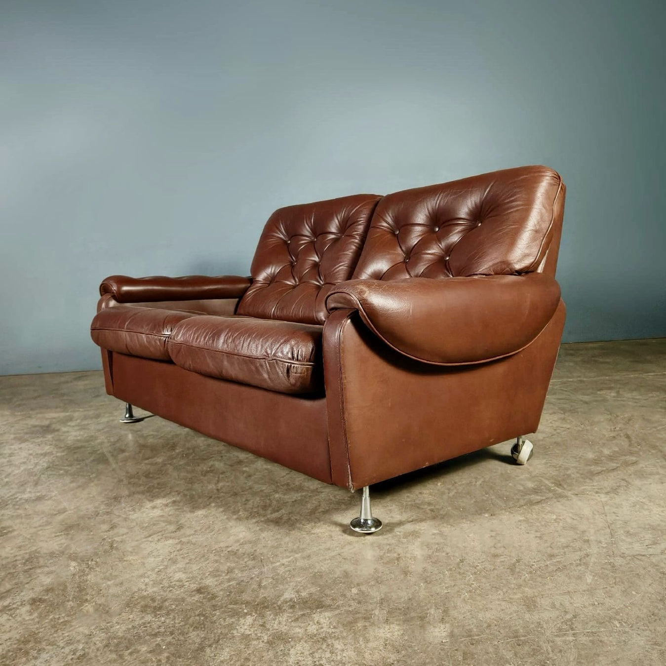 SOLD Brown Leather Buttoned Danish/Norwegian Two Seater Sofa Mid Century Vintage Retro MCM