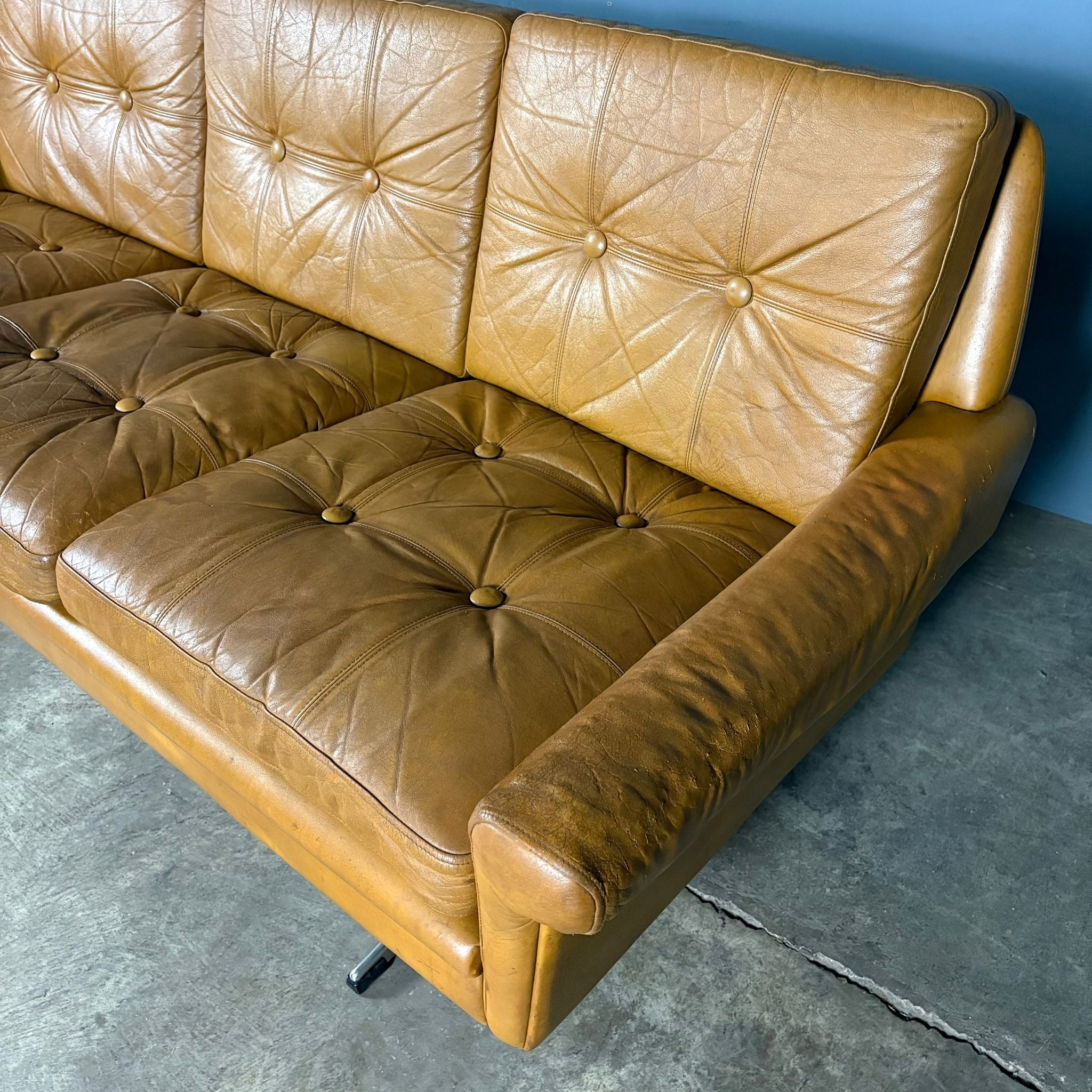SOLD Mid Century Danish Svend Skipper Three Seater Sofa Cognac Leather Vintage Retro MCM