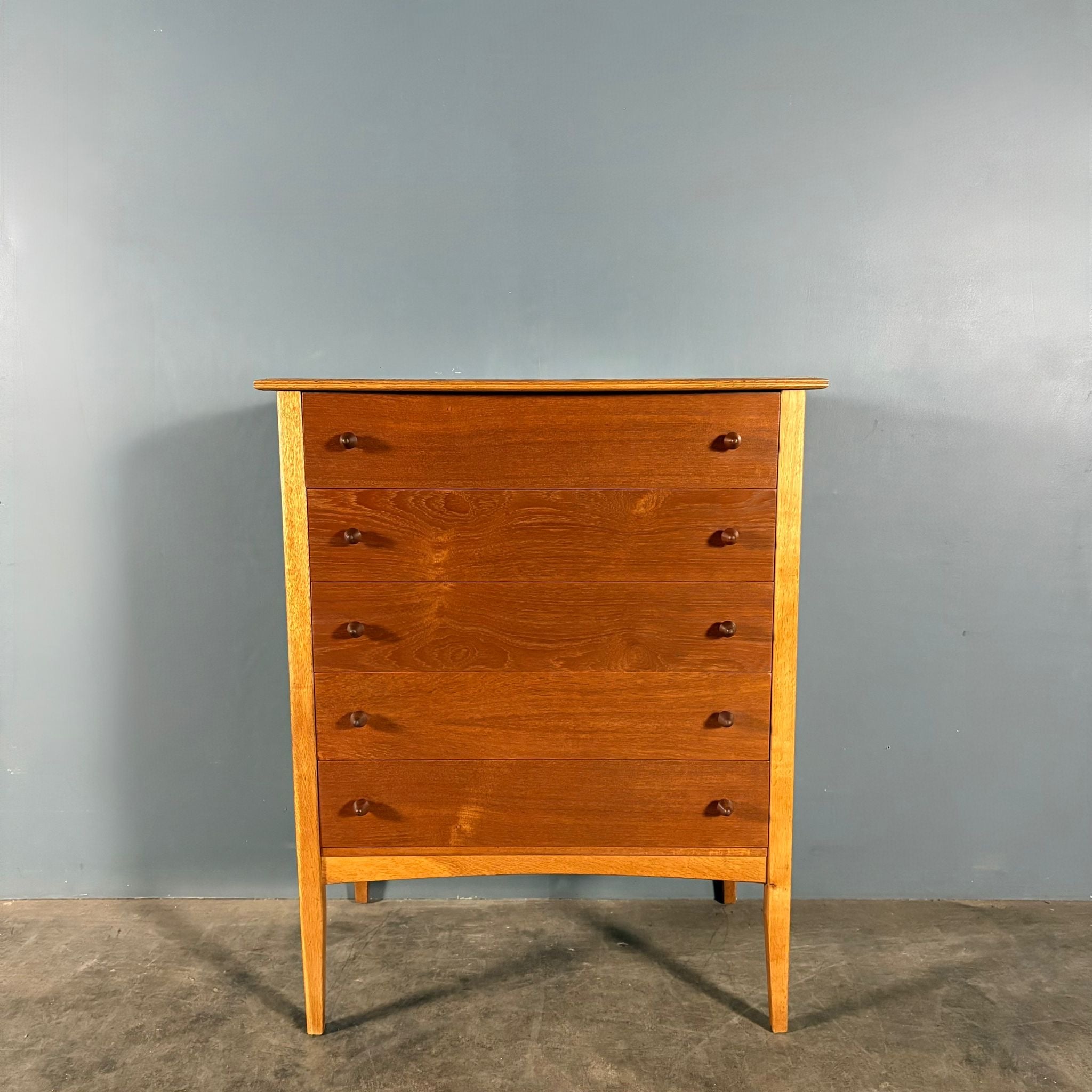 Mid Century Walnut Beech Chest Of Drawers/Tall Boy By W&T Lock Of Bath Vintage Retro MCM