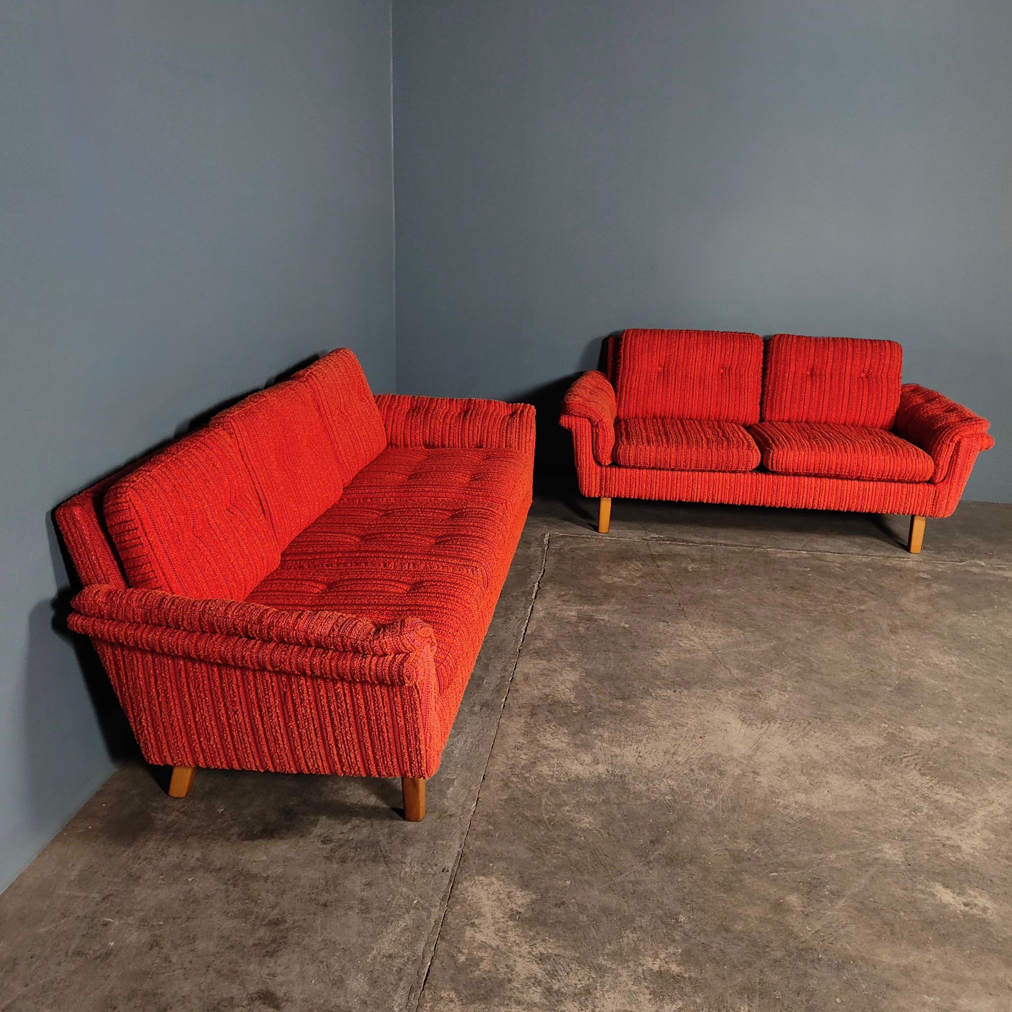 SOLD Orange Wool Swedish Three Seater Sofa Mid Century Vintage Retro MCM