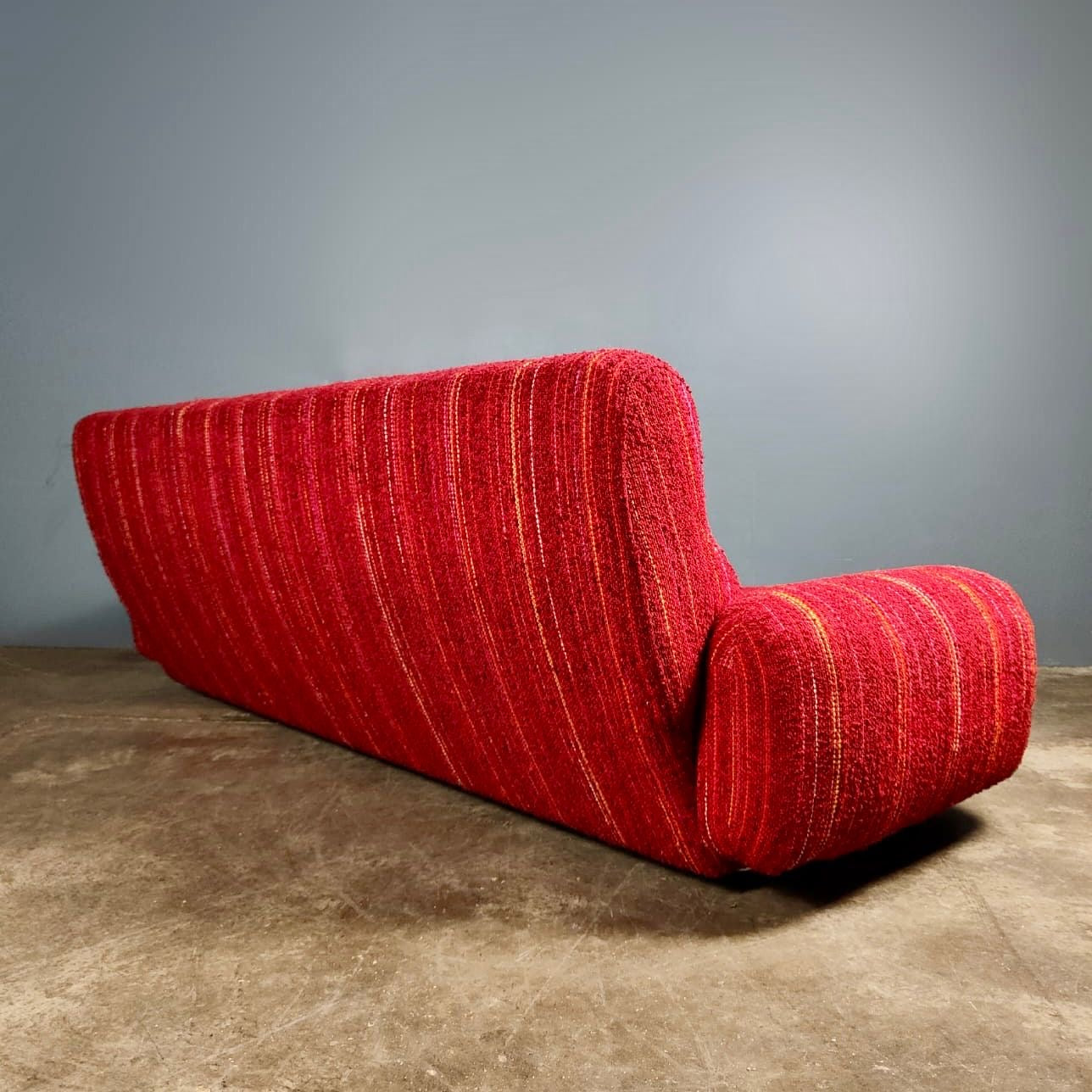 SOLD Mid Century Red Three Seater Sofa Striped Wool Fabric Vintage Retro MCM
