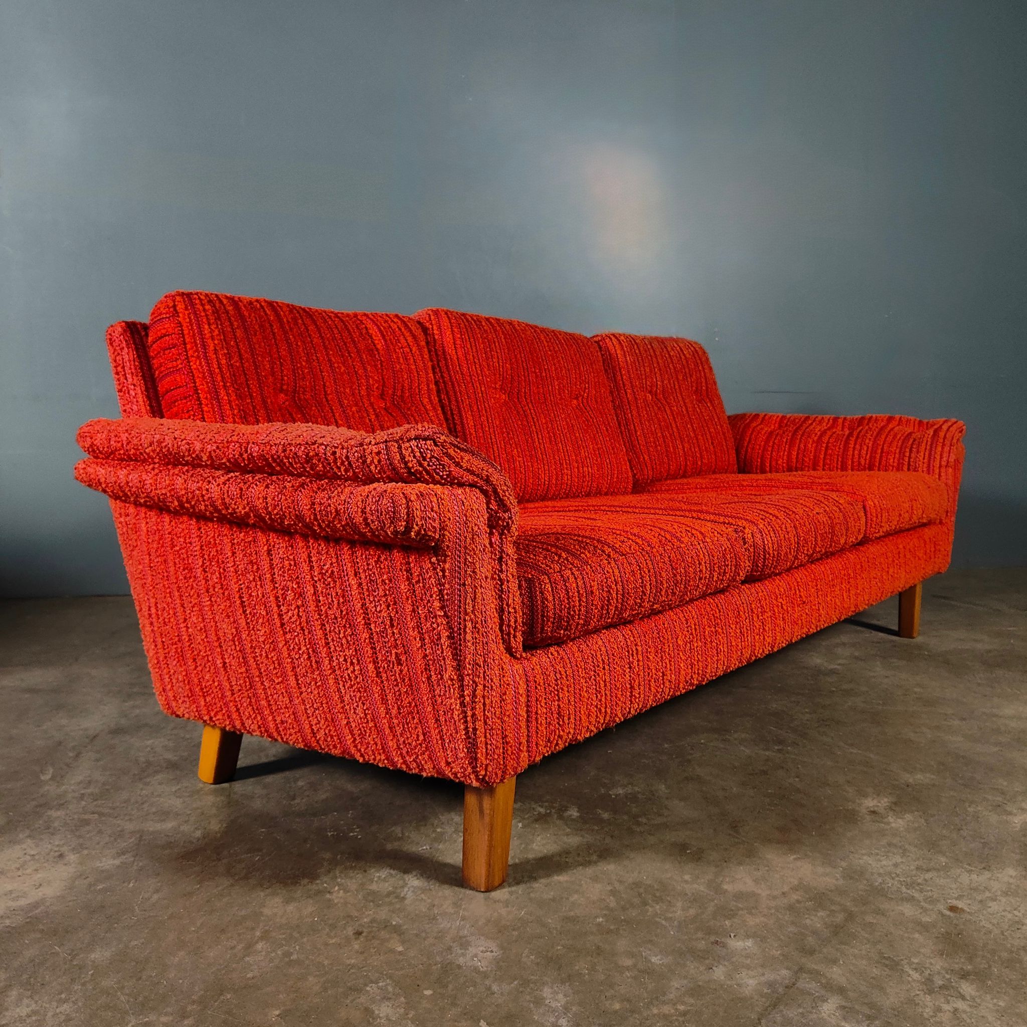 SOLD Orange Wool Swedish Three Seater Sofa Mid Century Vintage Retro MCM