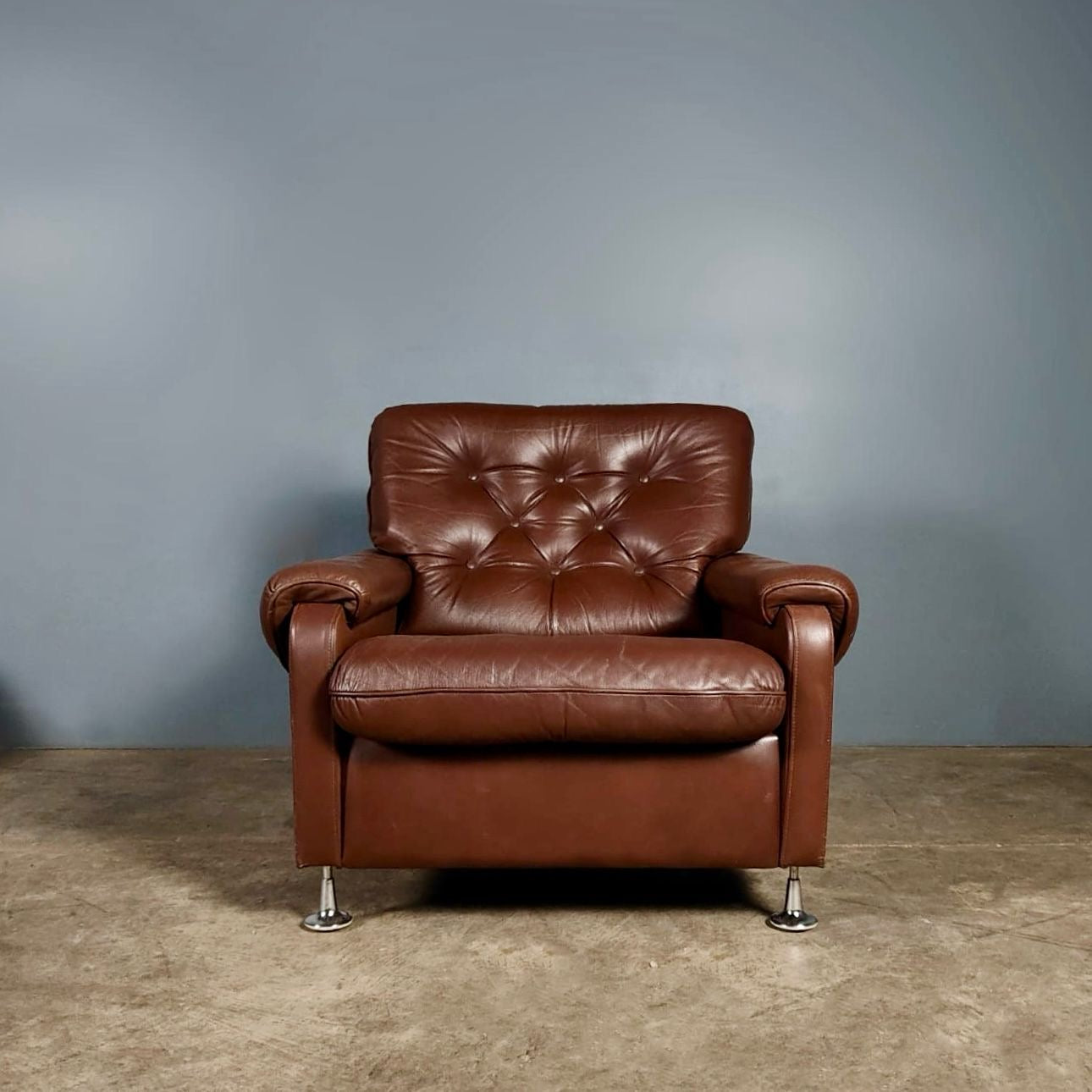 SOLD Brown Leather Buttoned Danish/Norwegian Armchair Mid Century Vintage Retro MCM