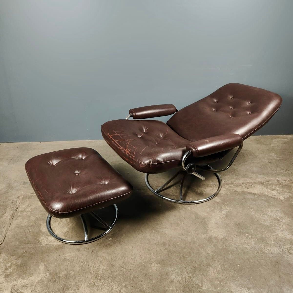 SOLD Mid Century Brown Leather Chrome Ekornes Stressless Armchair & Footstool Vintage Retro MCM