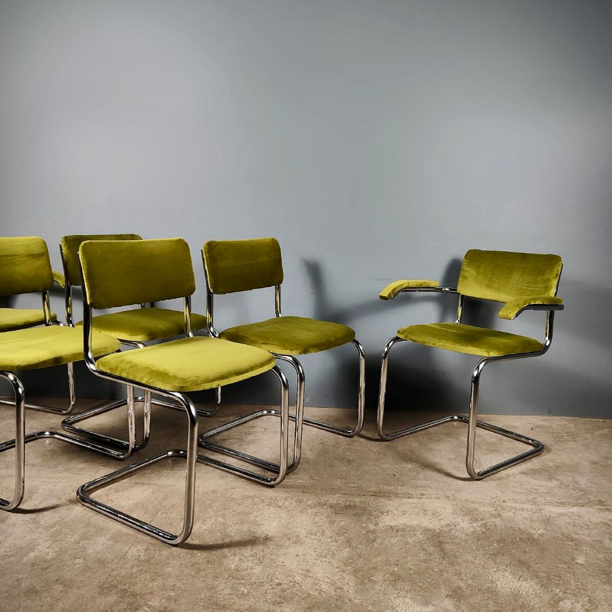 SOLD 6 x Chrome Cantilever Retro Green Velvet Dining Chairs Mid Century Vintage MCM