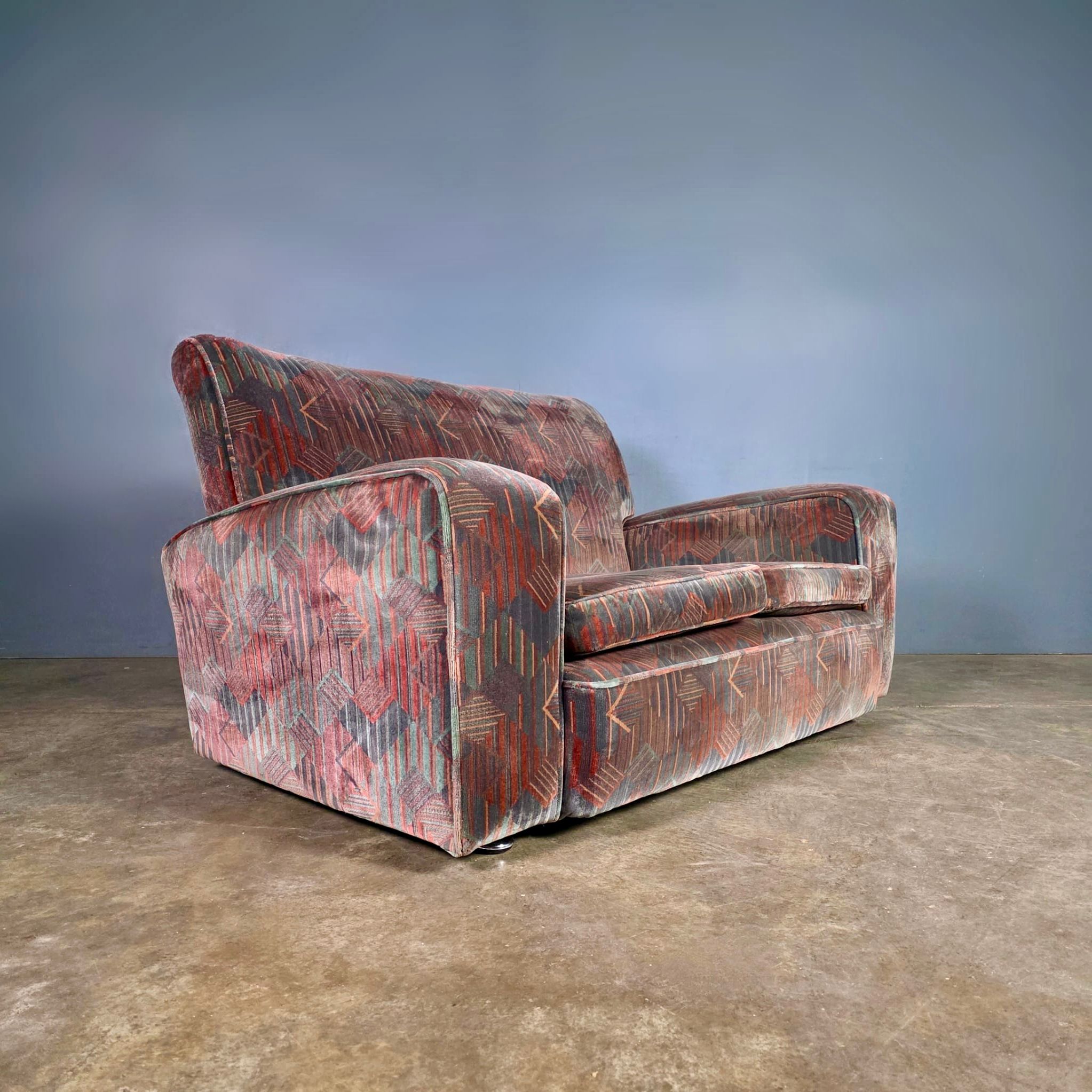 SOLD Art Deco Geometric Patterned Two Seater Sofa Mid Century Vintage Retro MCM