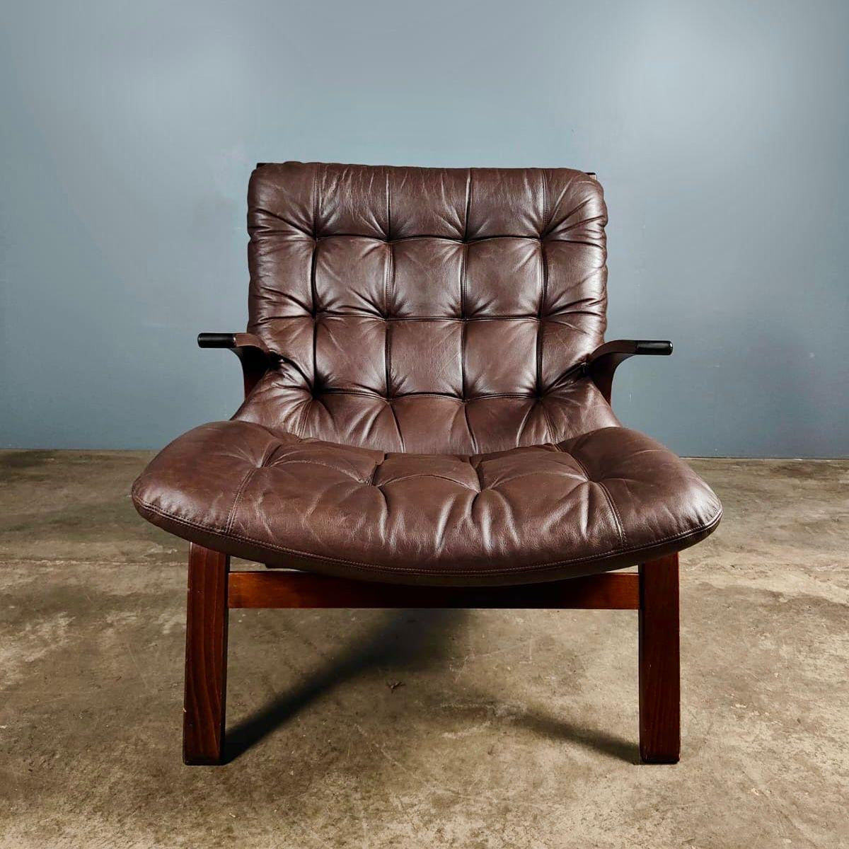 SOLD Pair Of Ingmar Relling By Westnofa Farstrup Brown Leather Lounge Chairs Mid Century Vintage Retro MCM