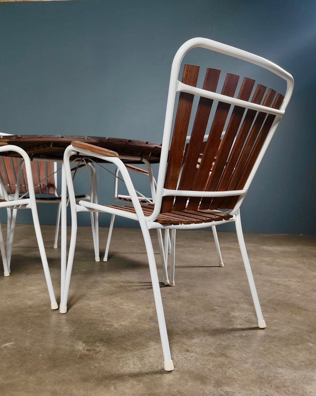 SOLD Four Daneline BKS Garden Stacking Chairs & Folding Sunburst Table Danish Teak Mid Century Vintage Retro MCM