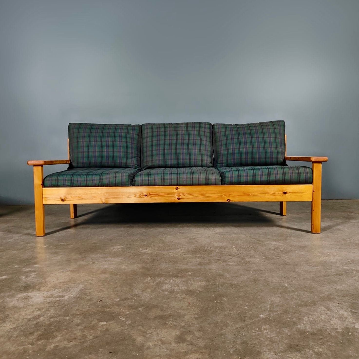 SOLD Pine Three Seater Sofa & Matching Armchair Mid Century Vintage Retro MCM