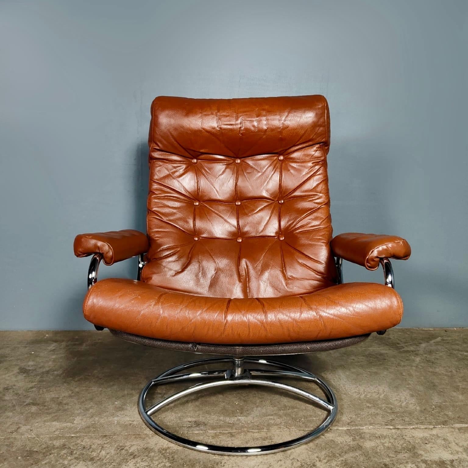 SOLD Pair Of Mid Century Brown Leather & Chrome Ekornes Stressless Reclining Lounge Chairs & Footstools Vintage Retro MCM