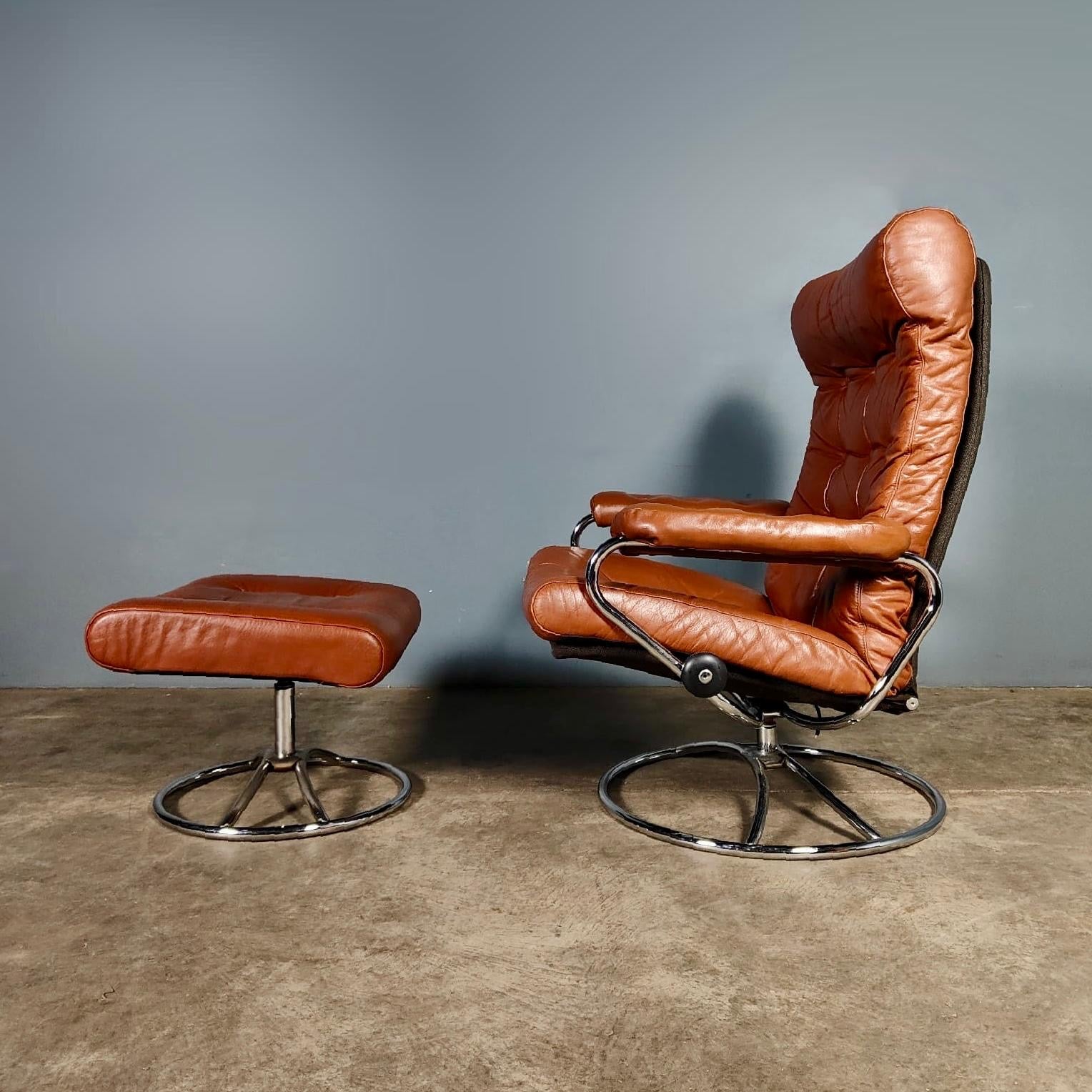 SOLD Pair Of Mid Century Brown Leather & Chrome Ekornes Stressless Reclining Lounge Chairs & Footstools Vintage Retro MCM