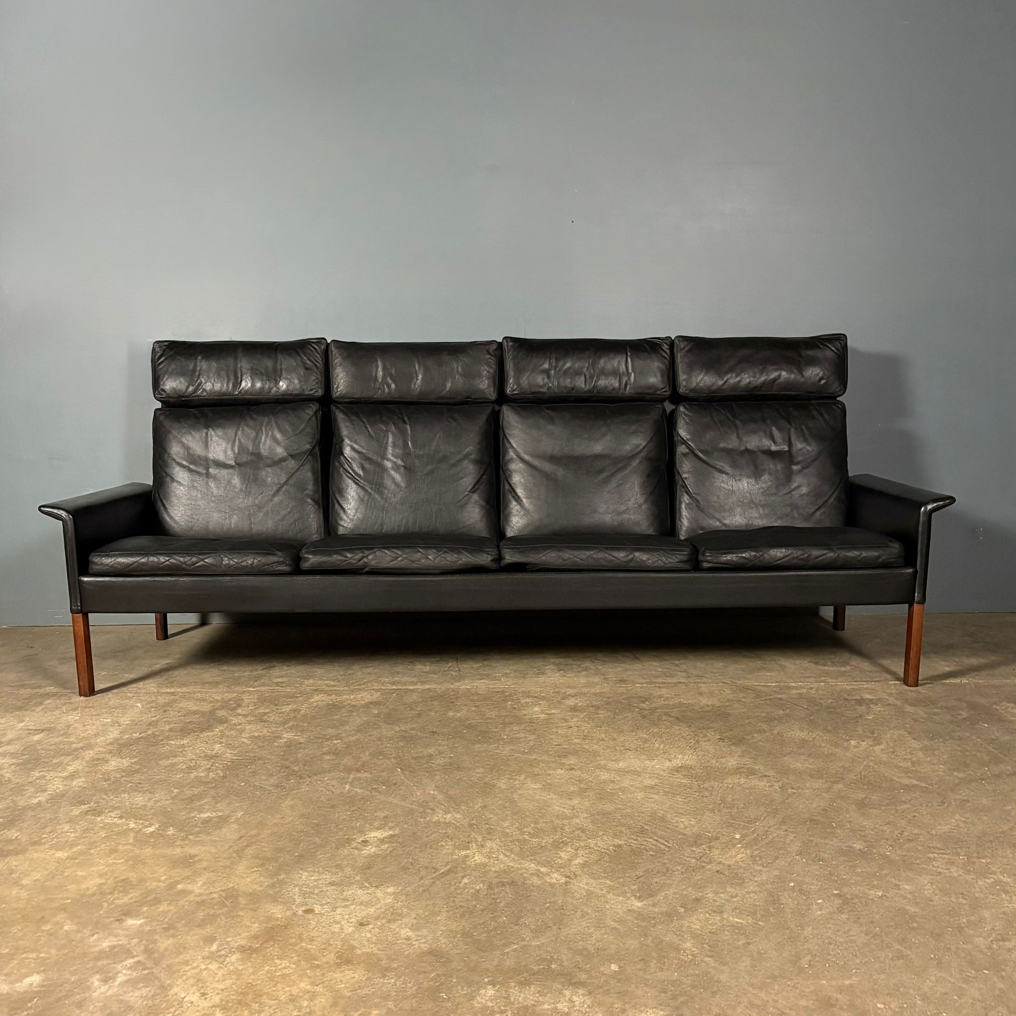 Four Seater Black Leather Sofa Hans Olsen CS Møbler Model 500 Mid Century Vintage Retro MCM