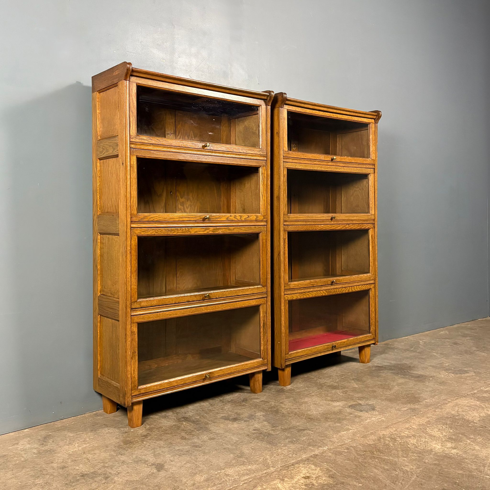 Pair Of English Oak Glass Fronted Tall Cabinets/Bookcases Globe Wernicke Style Mid Century Vintage Retro MCM