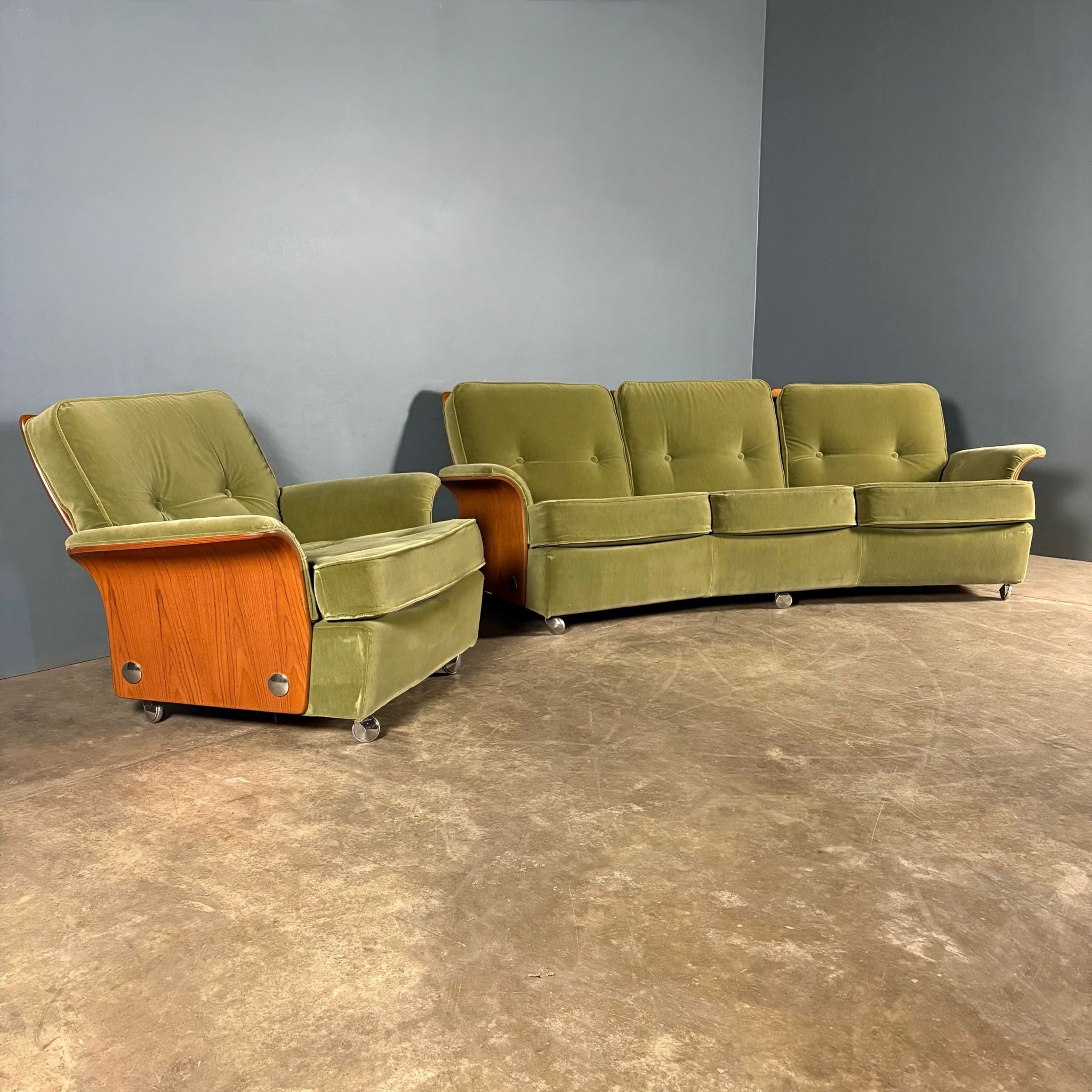 Mid Century G Plan Tulip Three Seater Sofa & Armchair Green Velvet Vintage Retro MCM