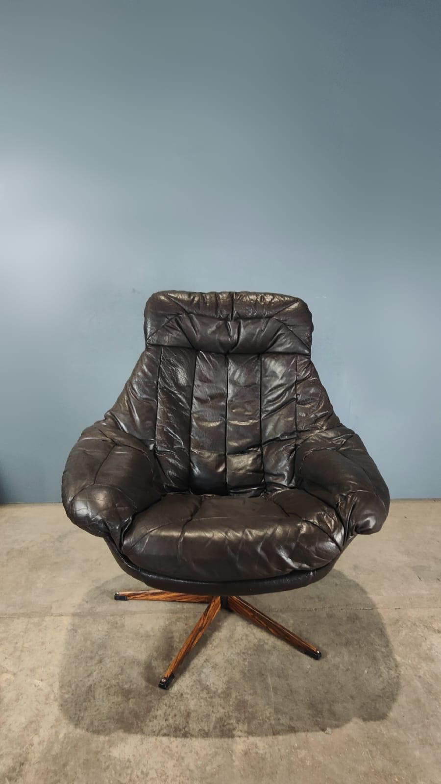 SOLD H.W Klein For Bramin Swivel Lounge In Brown Leather Mid Century Danish Vintage Retro MCM