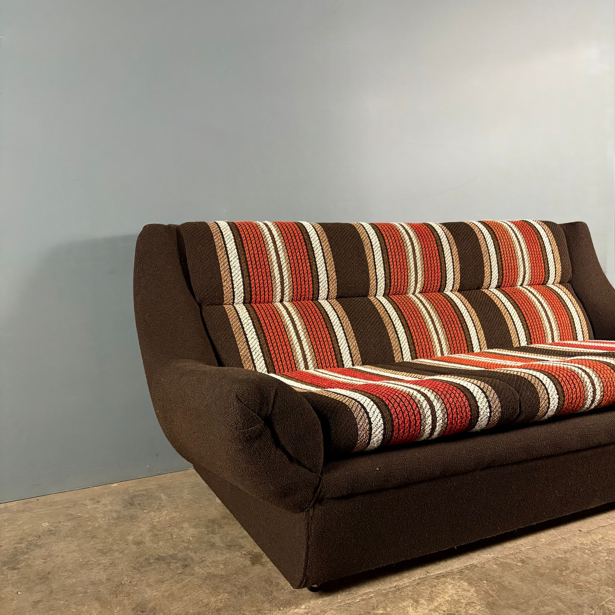 Mid Century Three Seater Striped Brown Sofa Vintage Retro MCM