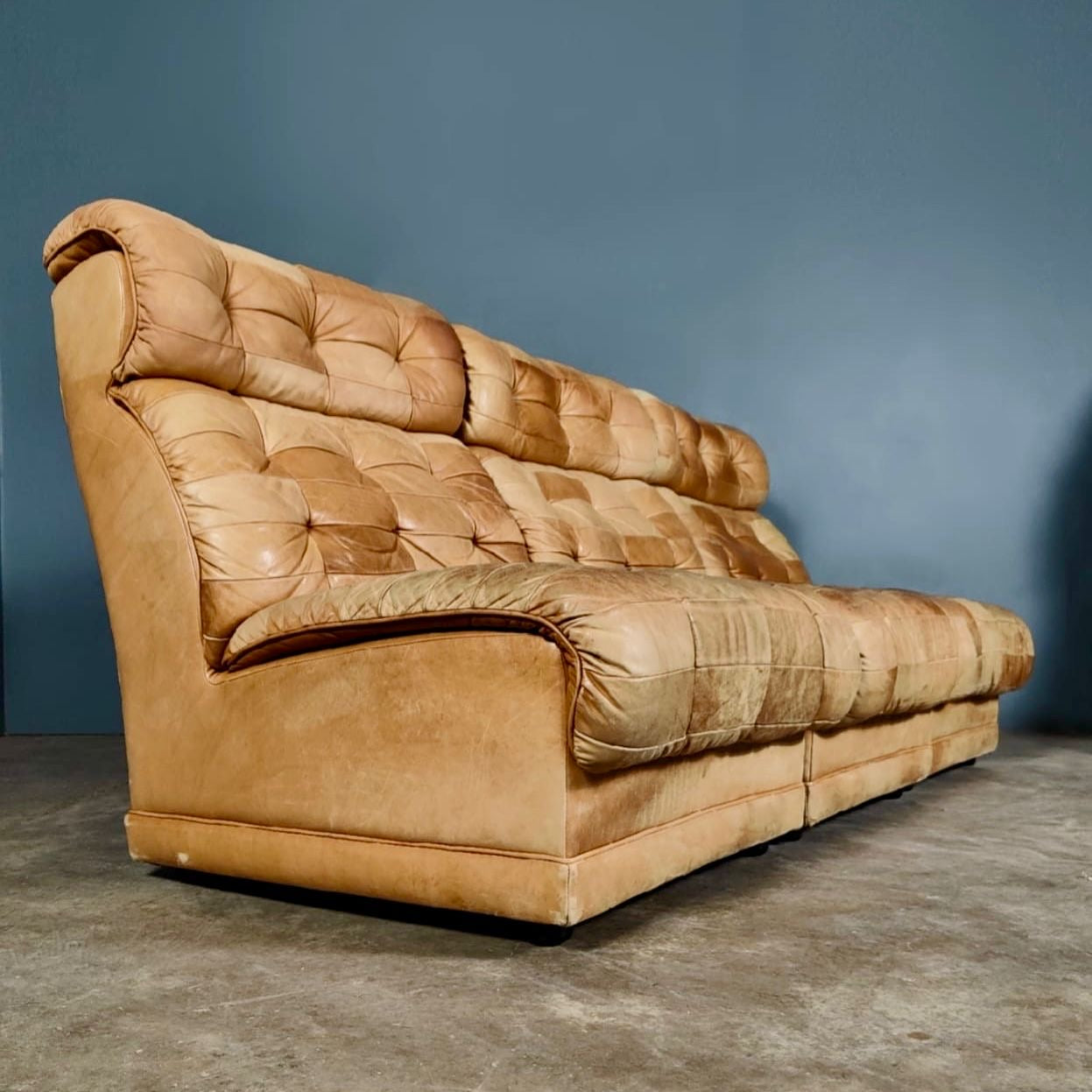 Three Light Brown Tan Leather Patchwork Modular Sofa/Chairs De Sede Style Mid Century Vintage Retro MCM