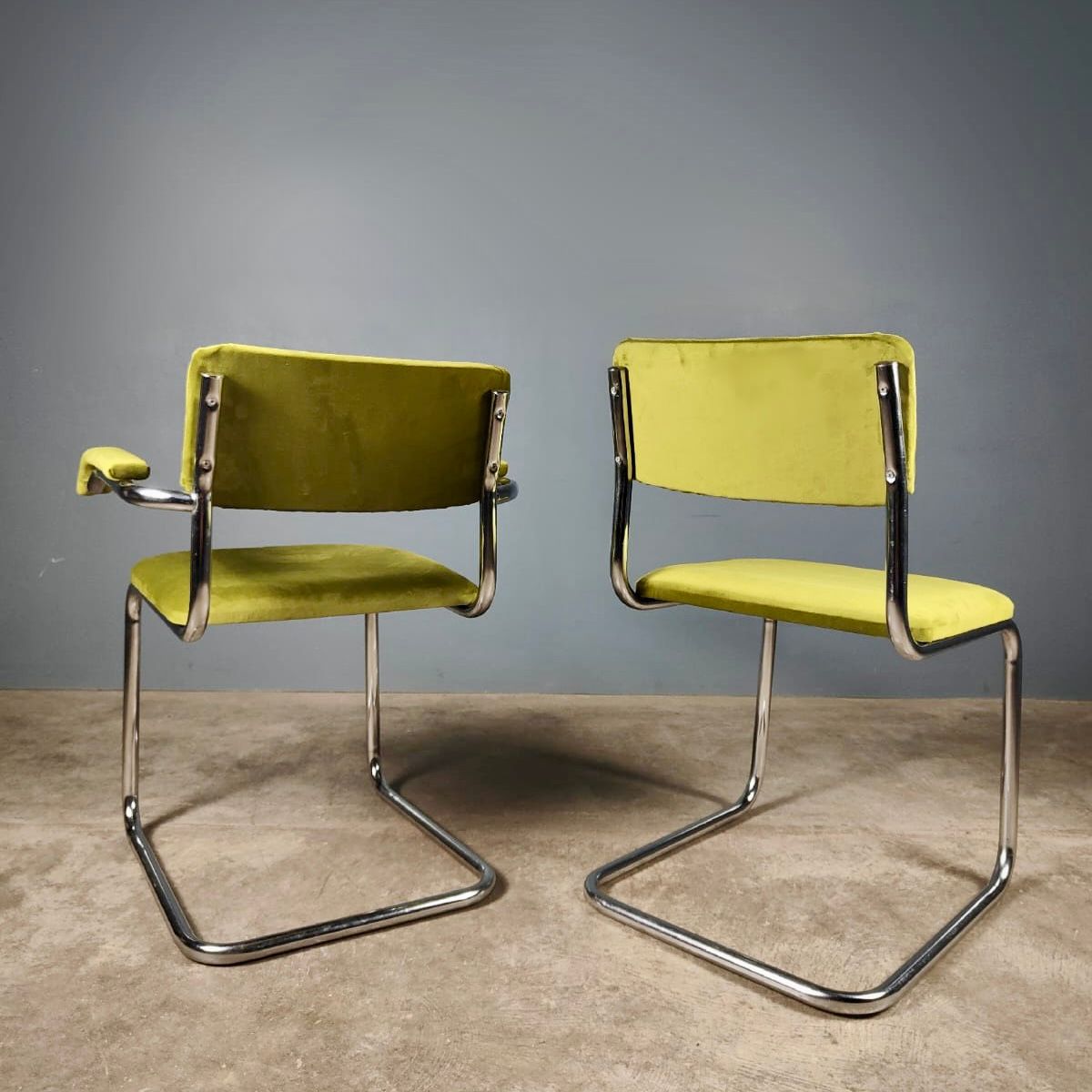 SOLD 6 x Chrome Cantilever Retro Green Velvet Dining Chairs Mid Century Vintage MCM