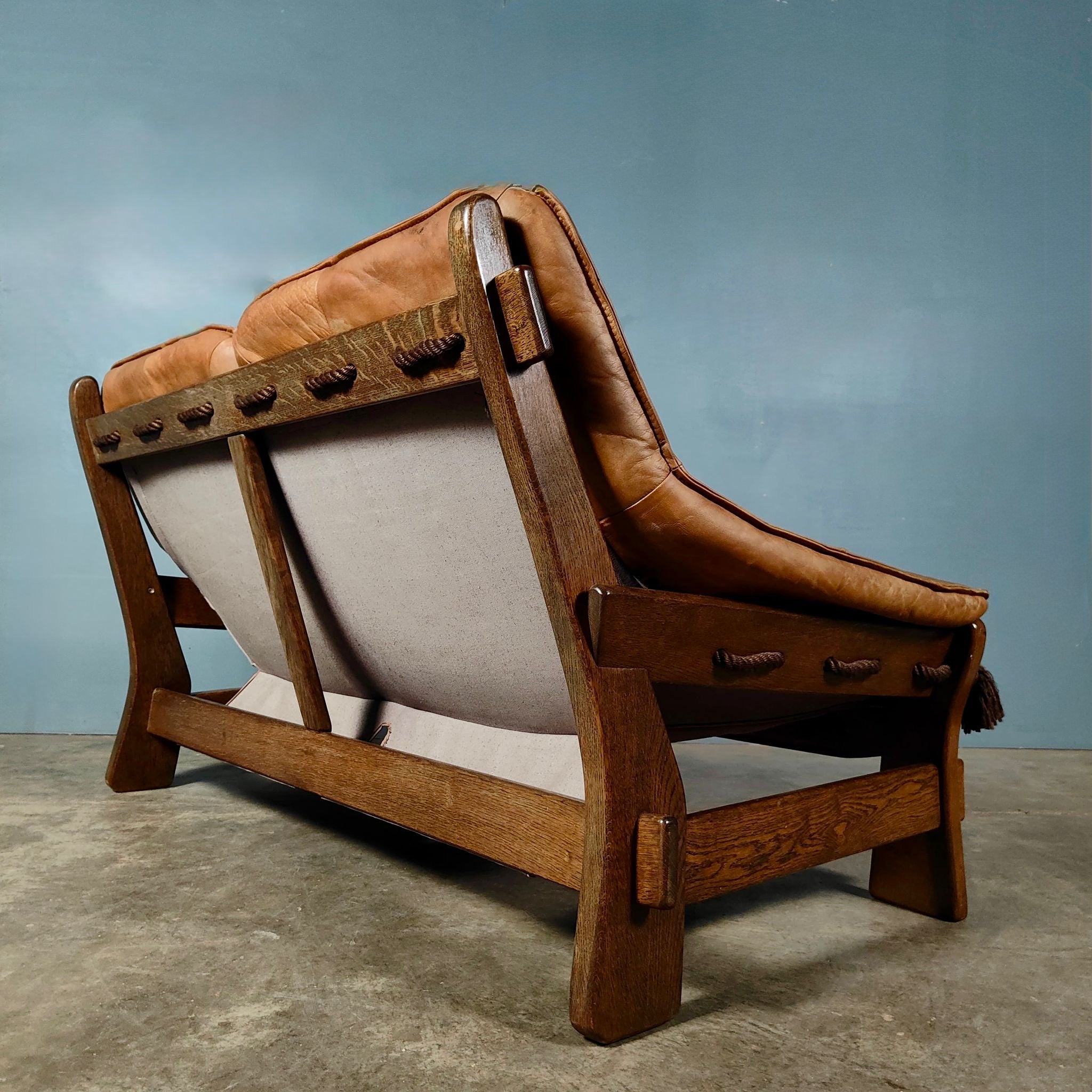 Brutalist Leather Two Seater Sofa & Matching Armchair Percival Lafer Style Mid Century Vintage Retro MCM
