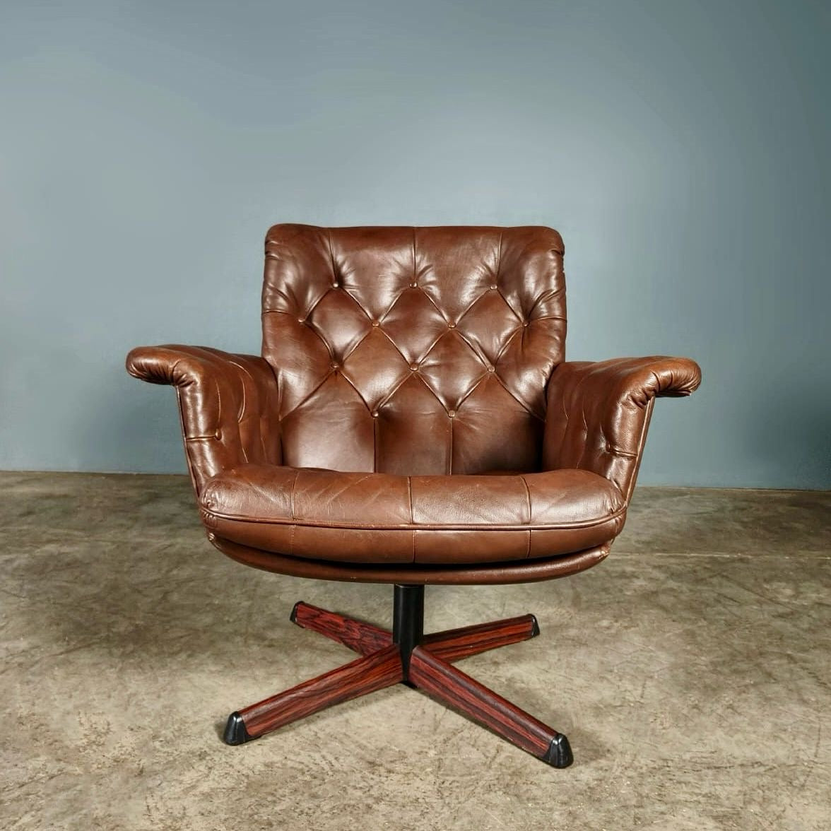 SOLD Göte Möbler Brown Leather Swivel Armchair Swedish 1970s Mid Century Vintage Retro MCM